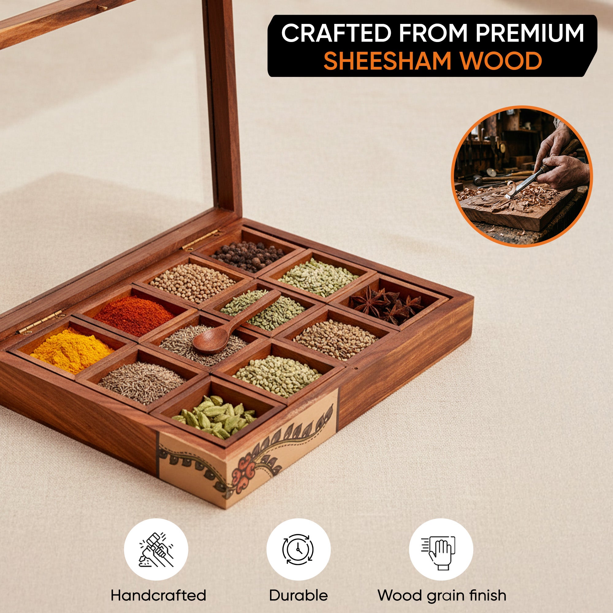 Spice Box Handcrafted Tribal Art 12 Slot Wooden with Spoon (10.5x8x2)