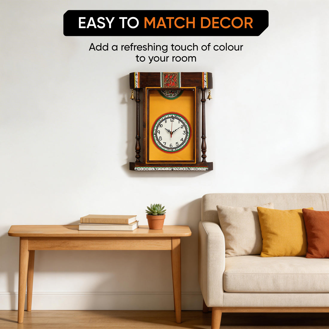 Wall Clock Handcrafted Warli Art Yellow Dial with Glass Frame (14x16)