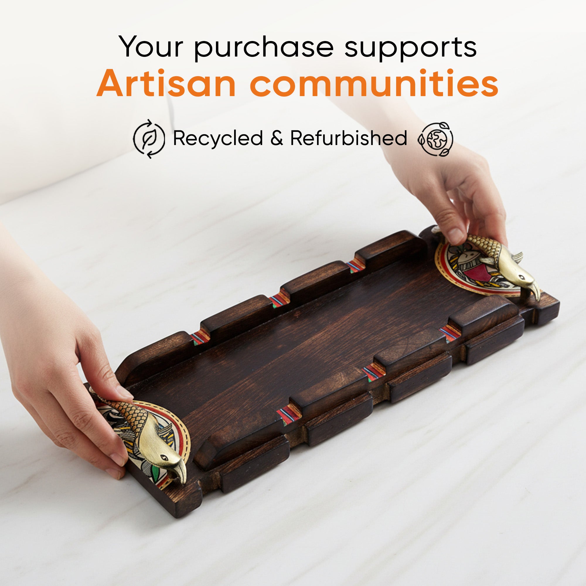 Tray handcrafted with Warli design & Fish Handles (15x6)