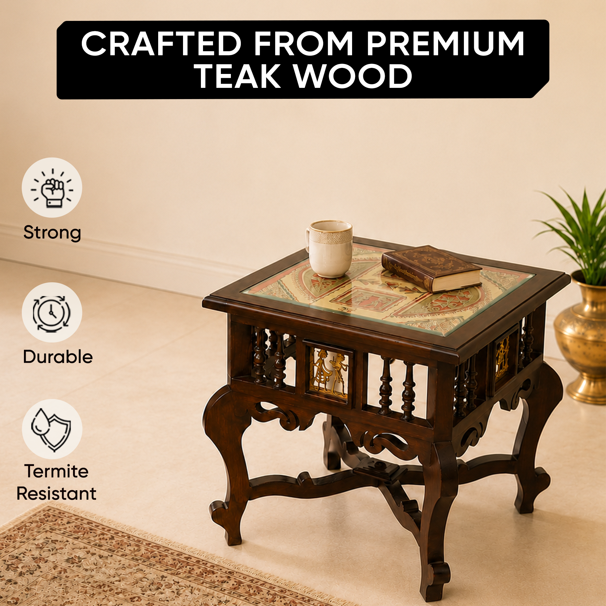 Munich-II Bedside Table with Oriental Legs in Teakwood with Walnut Finish (18x18x18)