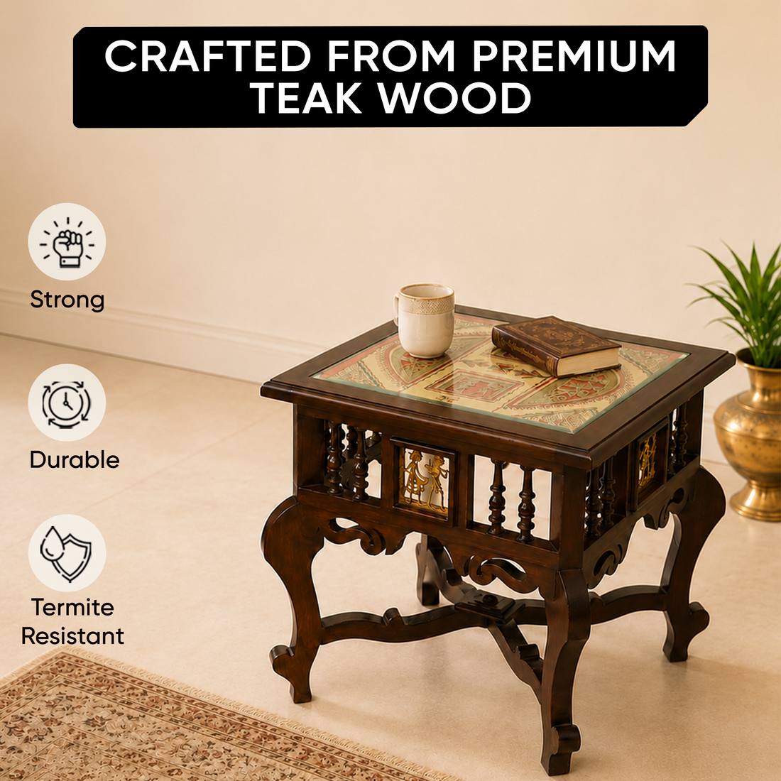 Munich-II Bedside Table with Oriental Legs in Teakwood with Walnut Finish (18x18x18)