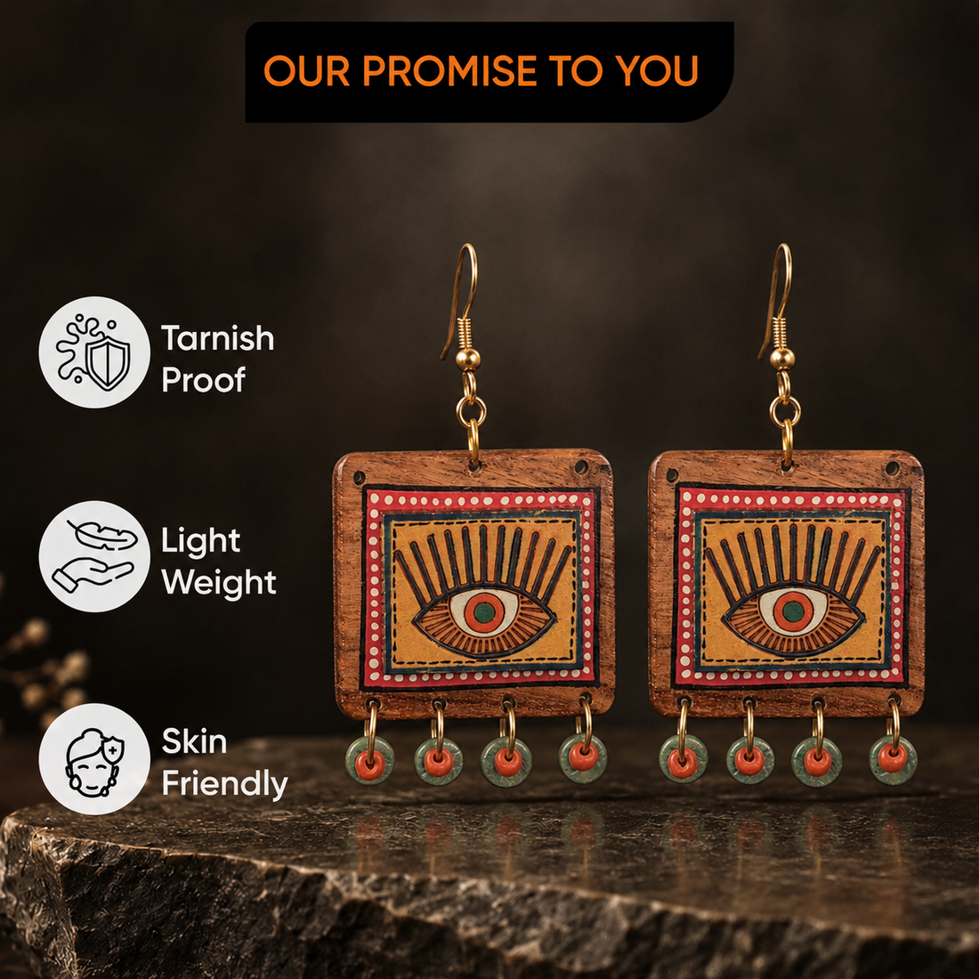 Evil Eye-V' Handcrafted Tribal Wooden Earrings