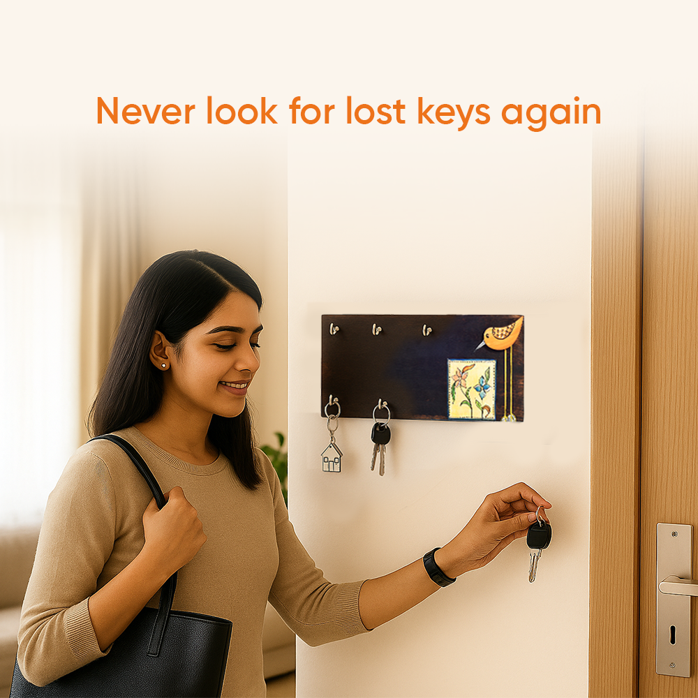 Rio Hand Painted Wooden Key Holder, Horizontal Wall Mounted Key Hanger with Bird and Floral Art for Entryway and Homedecor