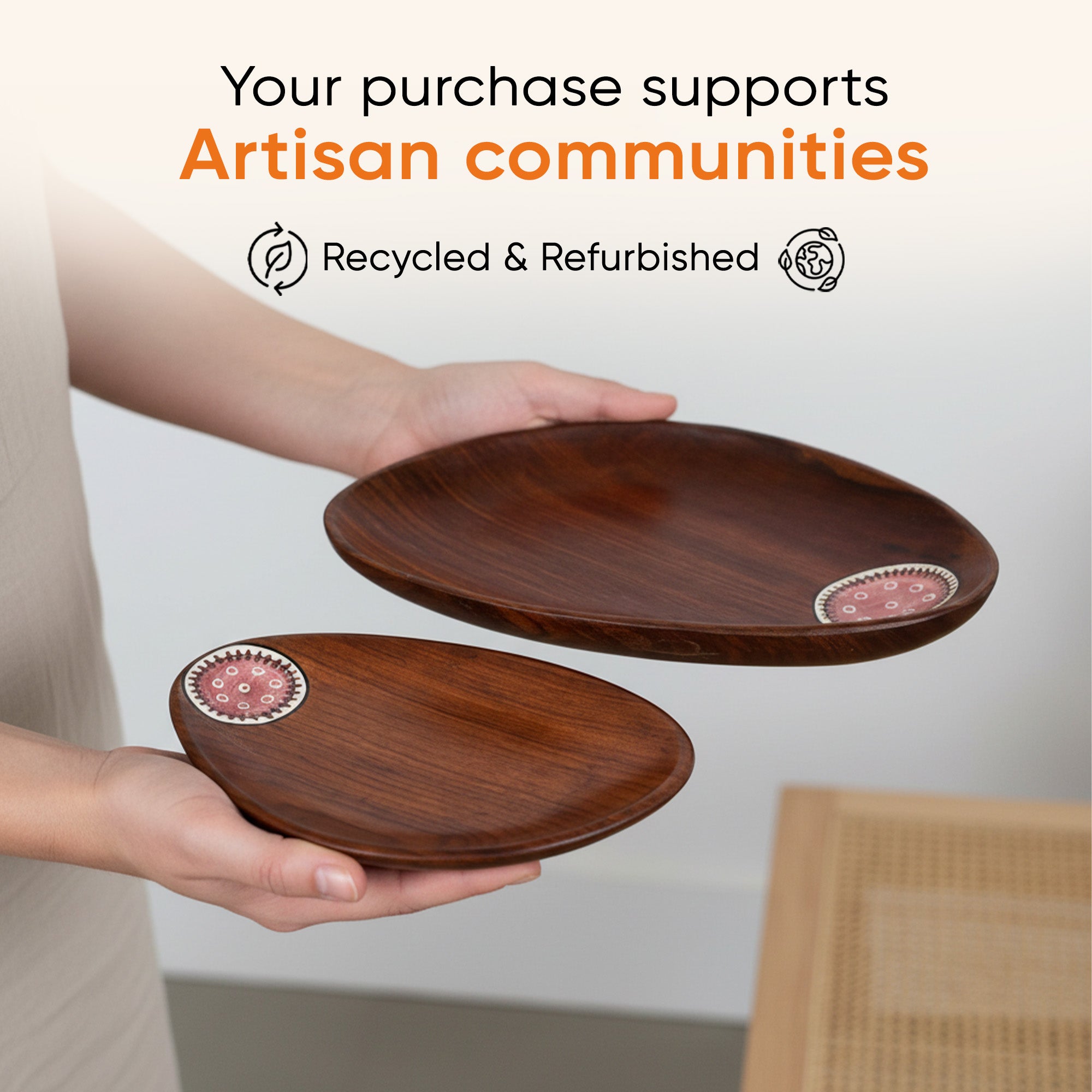 Trays in Oval Shape with Tribal Art Handcrafted in RoseWood (11x7")