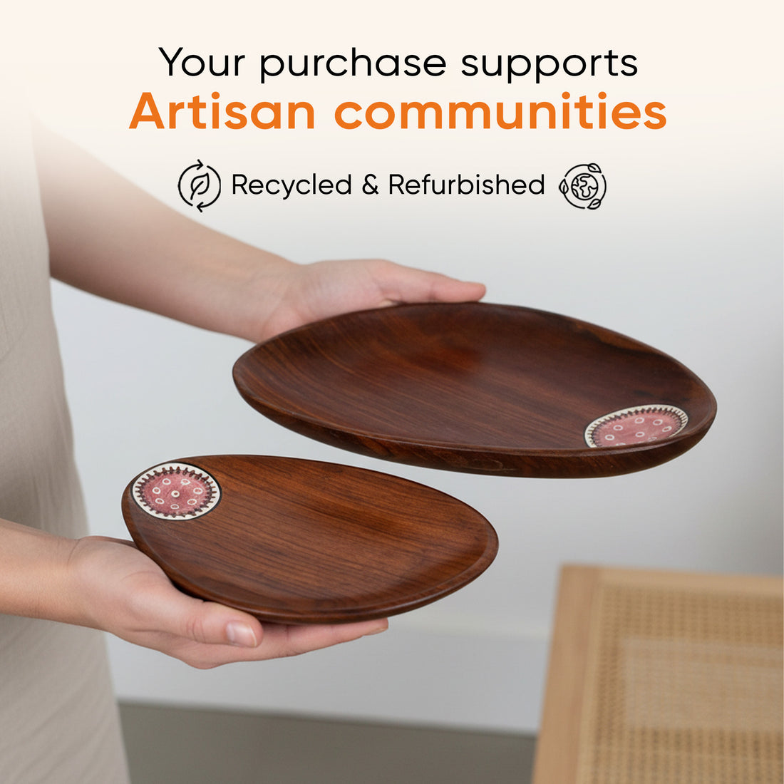 Trays in Oval Shape with Tribal Art Handcrafted in RoseWood (11x7")