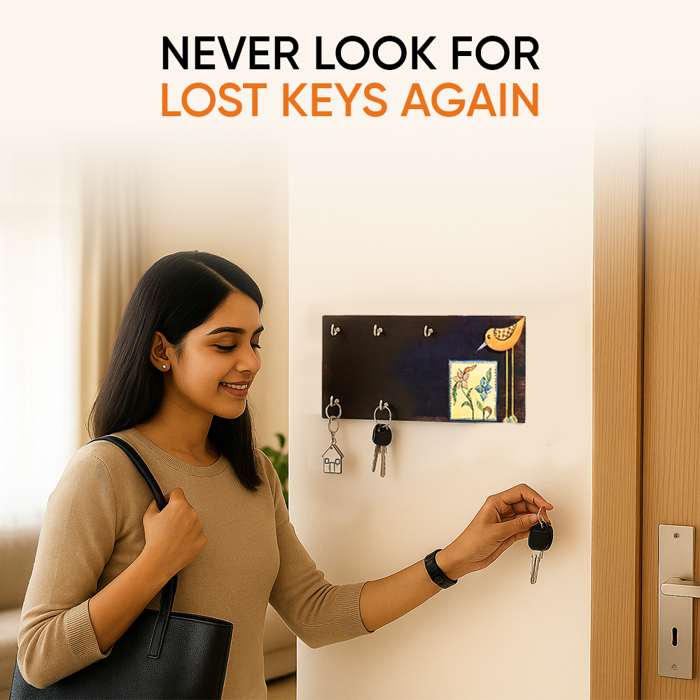 Rio Hand Painted Wooden Key Holder, Horizontal Wall Mounted Key Hanger with Bird and Floral Art for Entryway and Homedecor