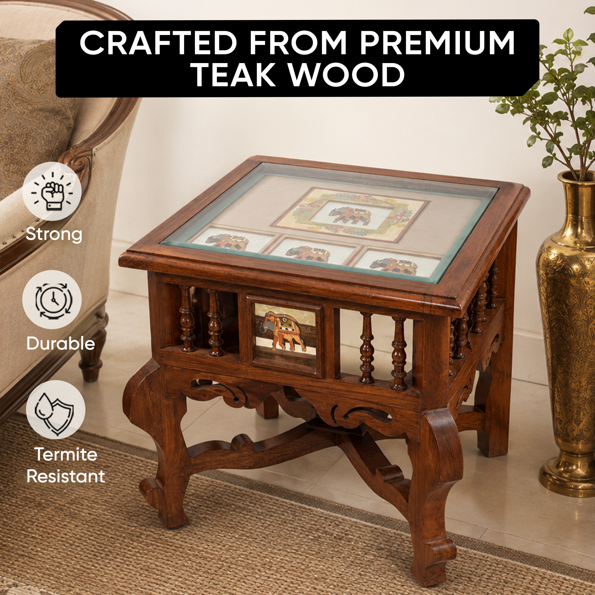 Mahi-I Bedside Table with Oriental Legs in Teakwood with Walnut Matte Finish