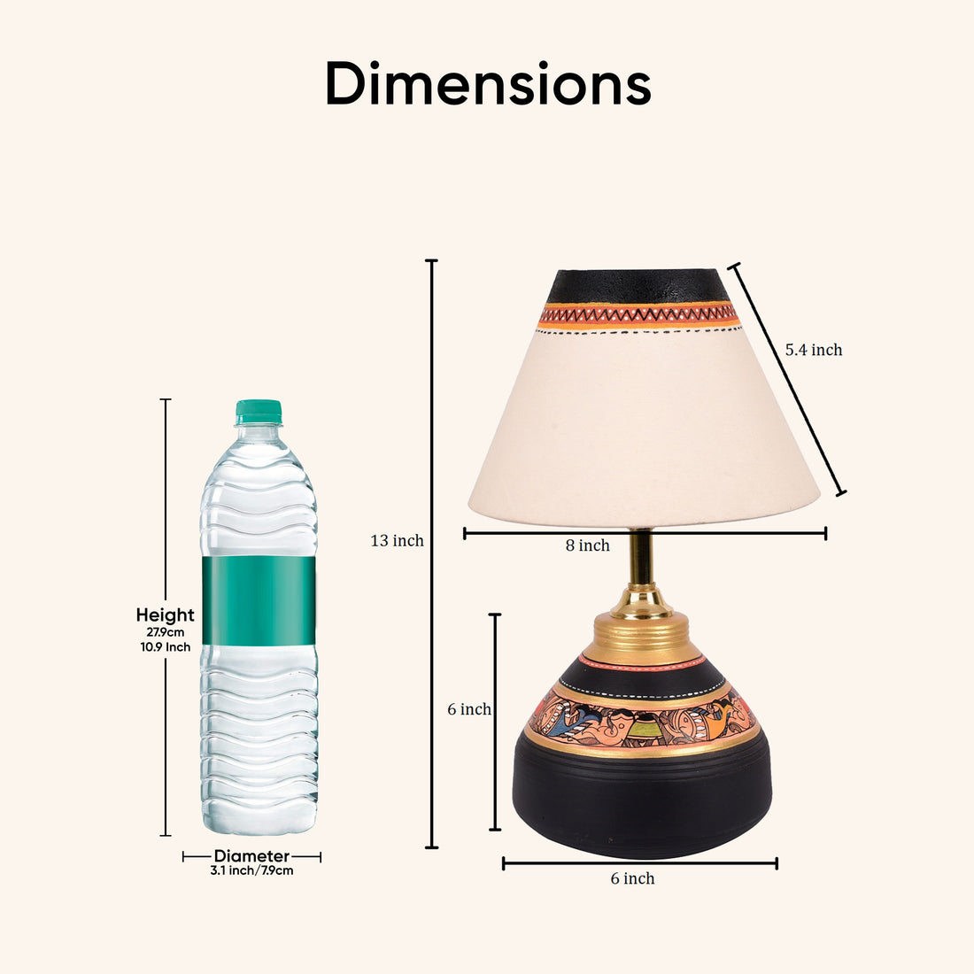 Table Lamp Black Earthen Handcrafted with White Shade (9.5x6")