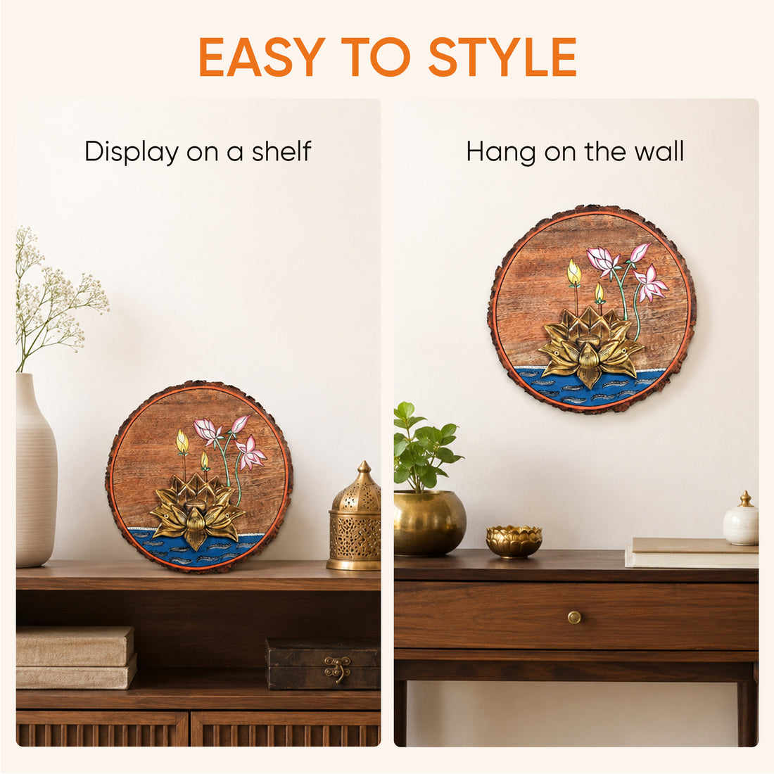Kamala Lotus Wall Art, Handcrafted Wooden Decor with Lotus Flower and Diyas for Purity, Grace and Spiritual Glow