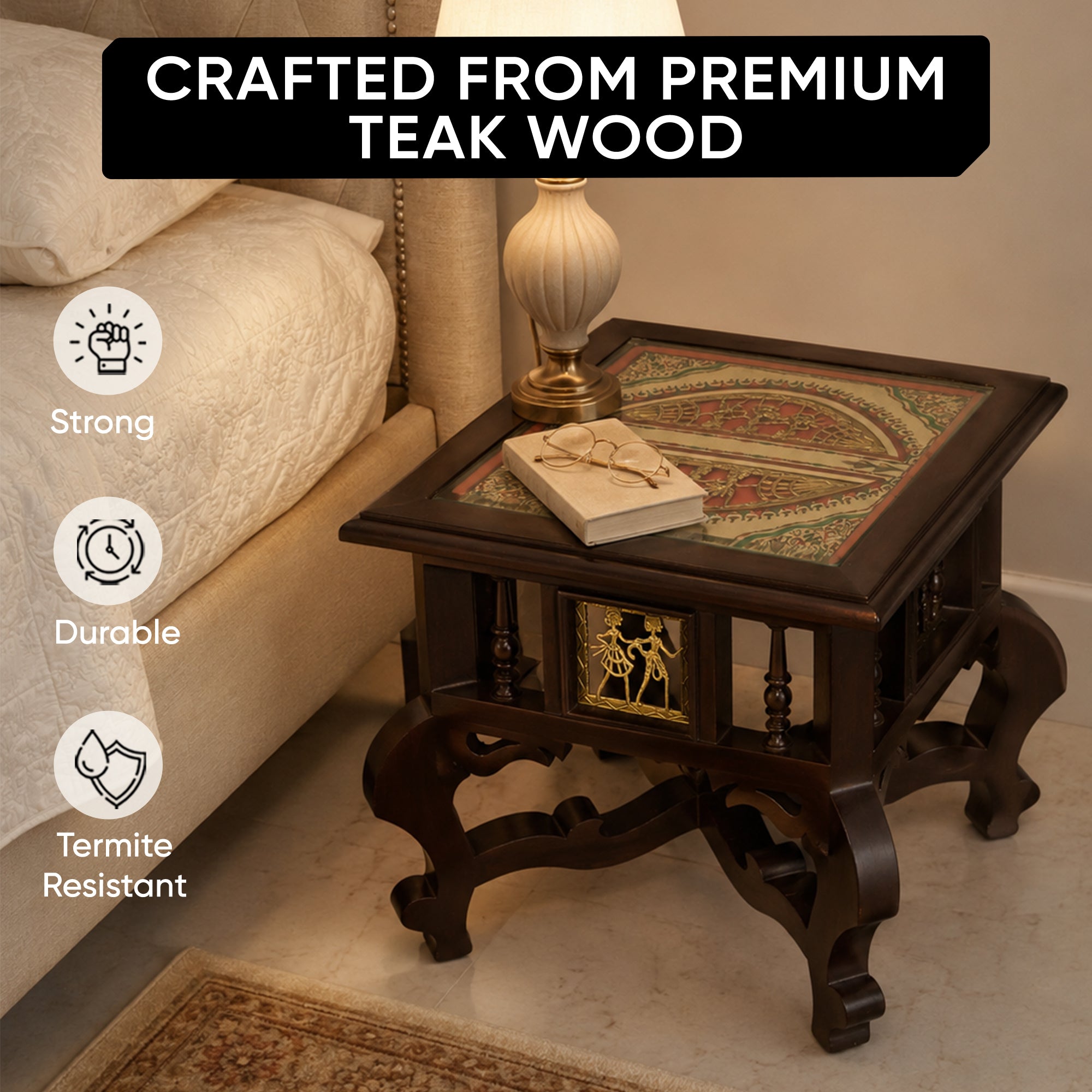 Munich Bedside Table with Oriental Legs in Teakwood with Walnut Finish (16x16x16)