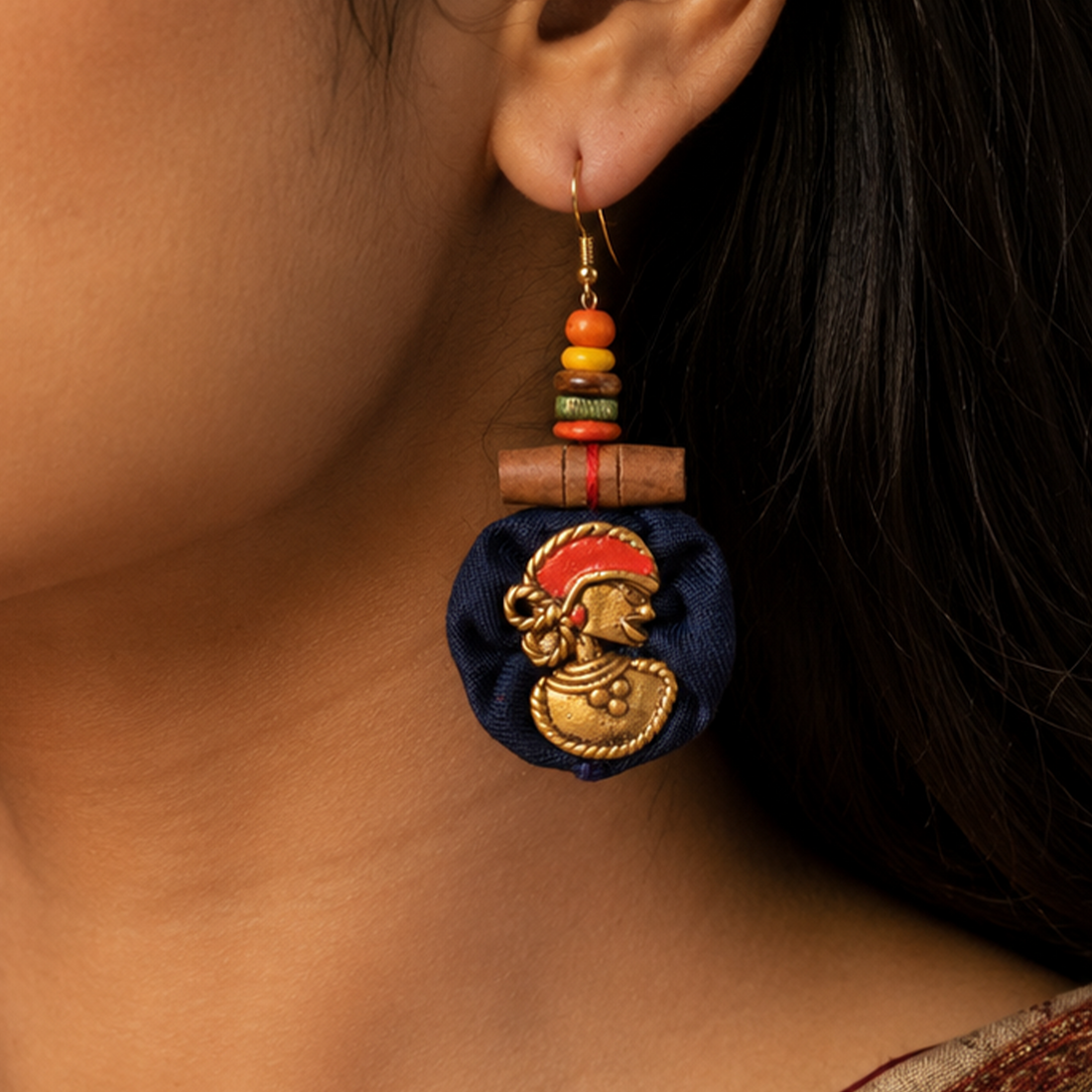 The Royal Empress Handcrafted Tribal Dhokra Round Earrings in Blue