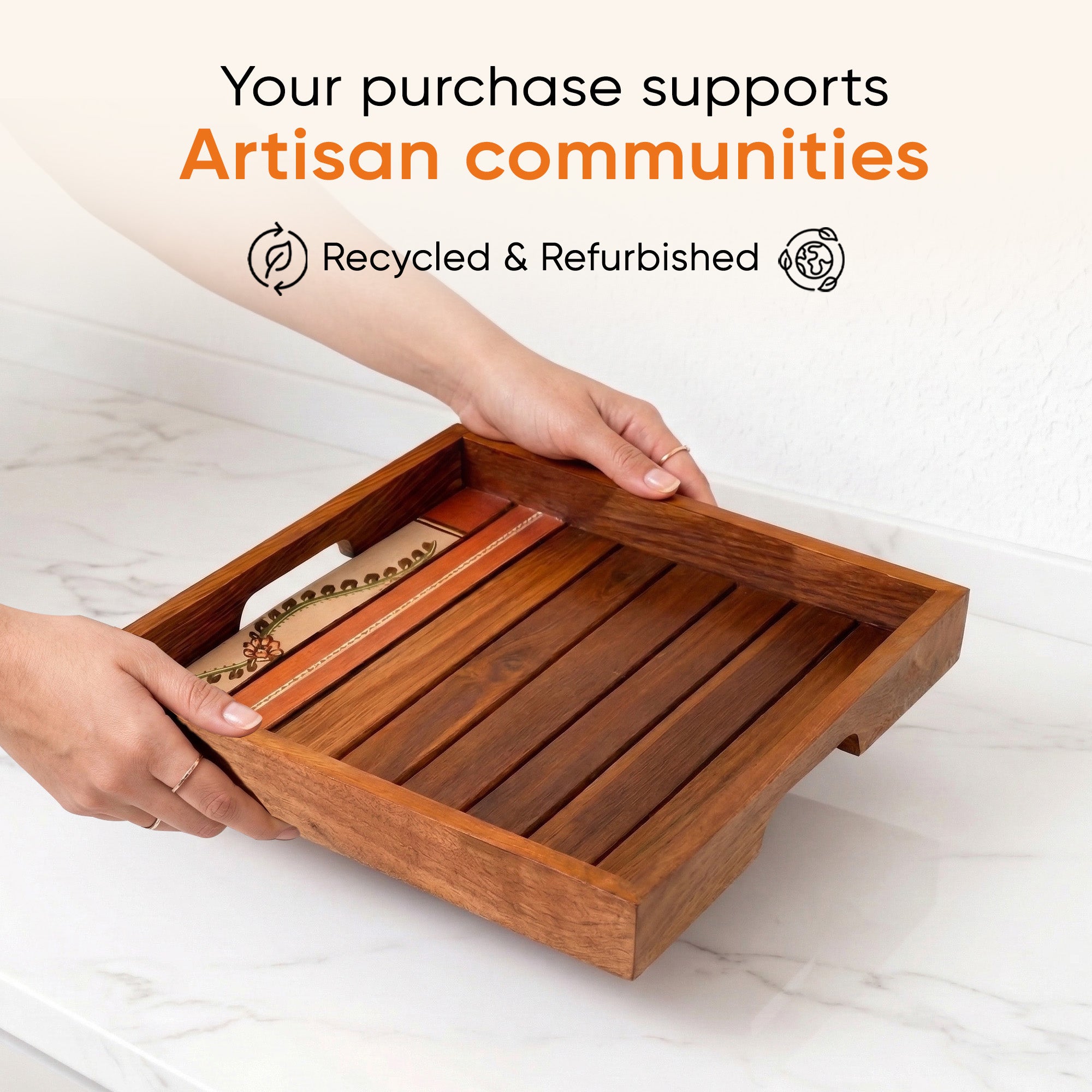 Trays with Tribal Art Handcrafted in RoseWood (set of 2) (12x12/10.6x10.6")