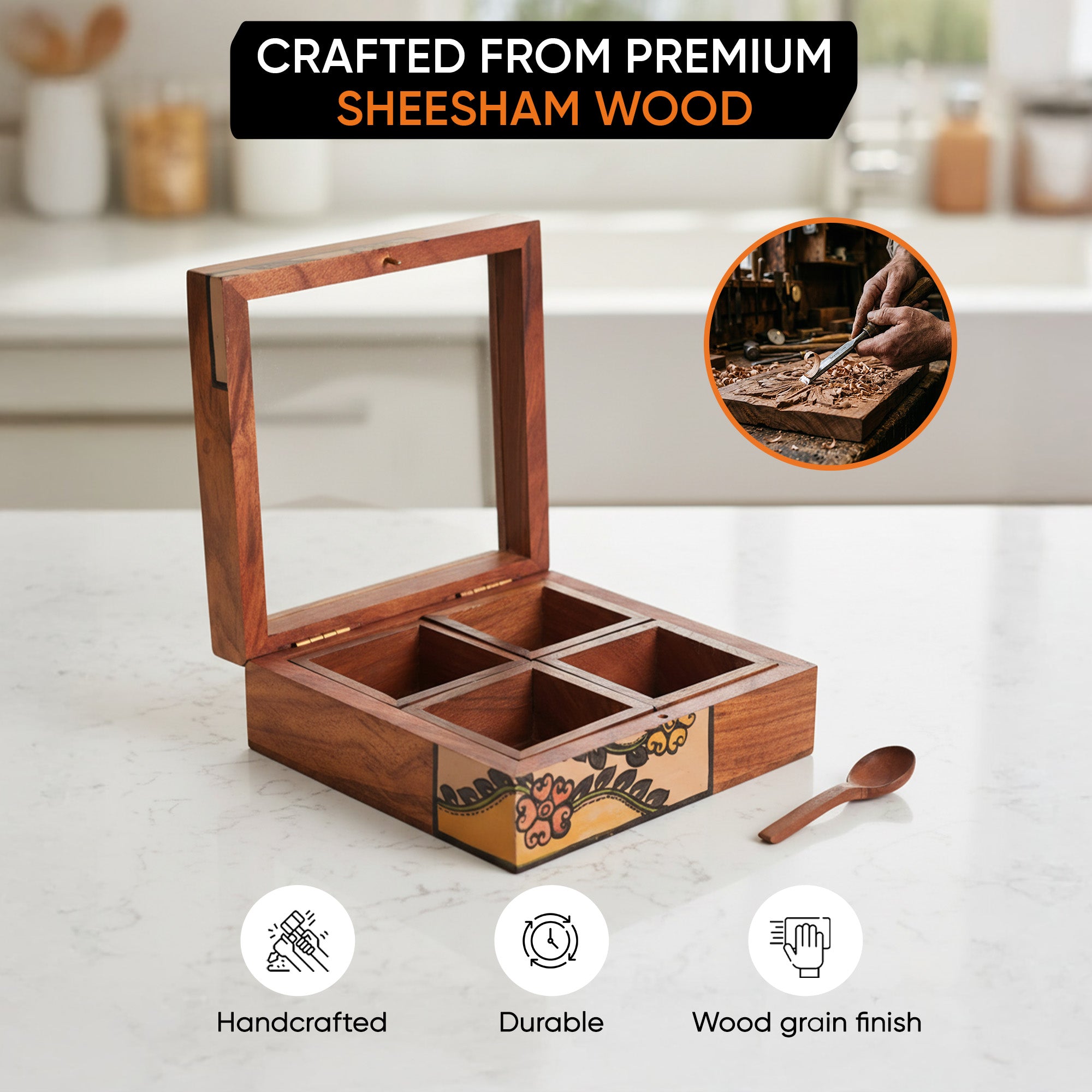 Spice Box Handcrafted Tribal Art 4 Slot Wooden with Spoon (6x6x2)