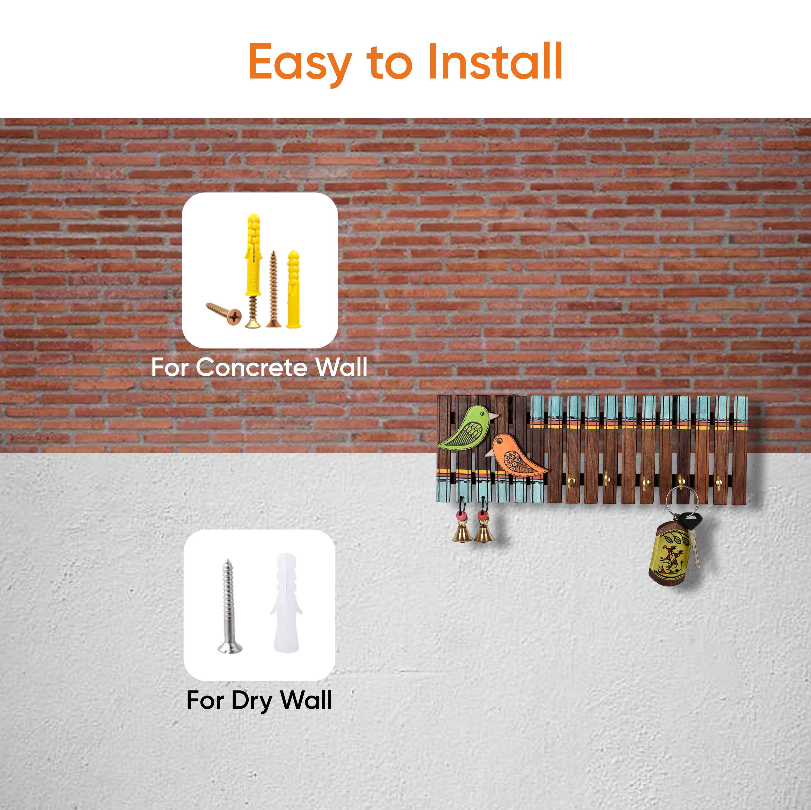 Key Holder Handcrafted Tribal Art Wooden Strips & birds 4 keys (12x1.4x5.4)