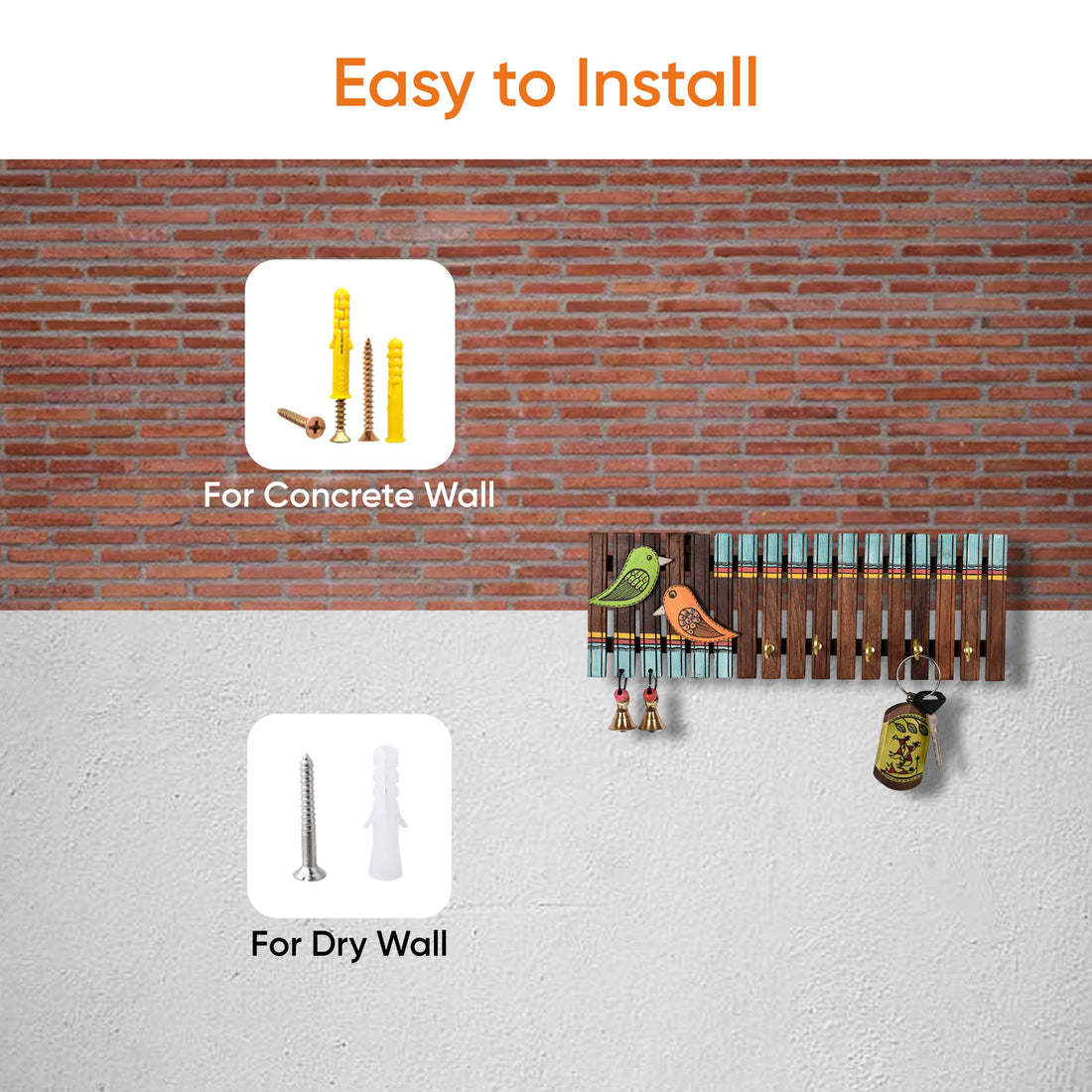 Key Holder Handcrafted Tribal Art Wooden Strips & birds 4 keys (12x1.4x5.4)