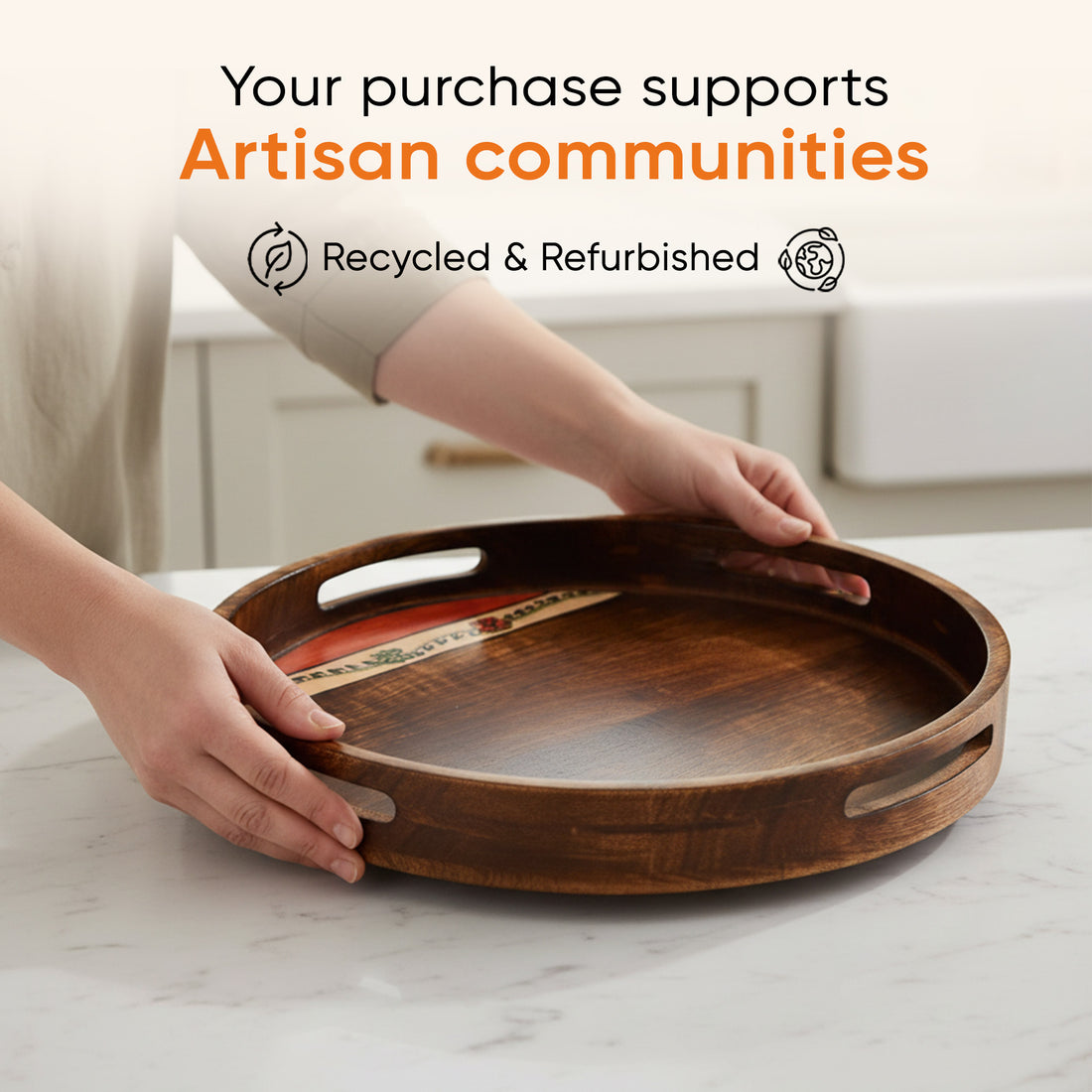 Tray Round shape Handpainted with Flower Motifs Handcrafted in Mango Wood (12x12")