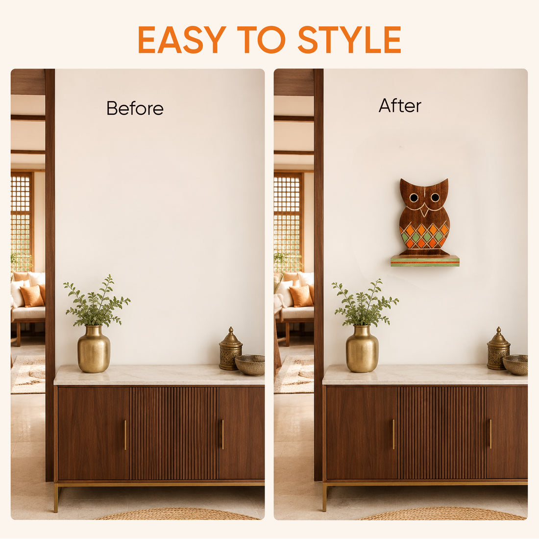 Wall Decor Handcrafted Wooden Tribal Art Owl Shelf (6.5x4x9.2)