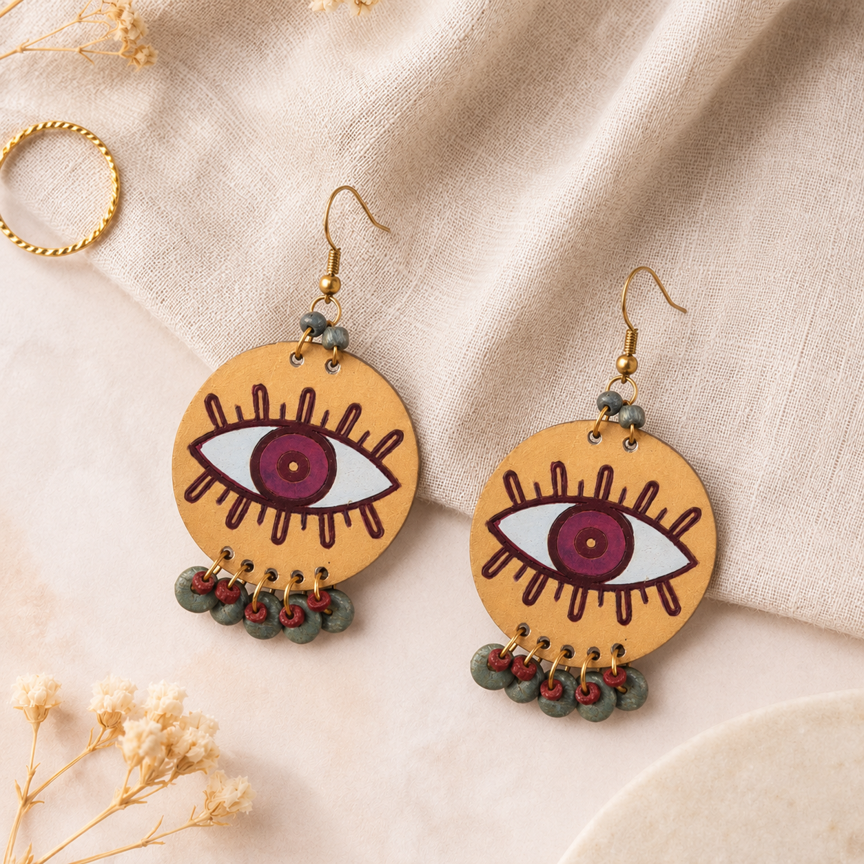 Evil Eye-I' Handcrafted Tribal Wooden Earrings