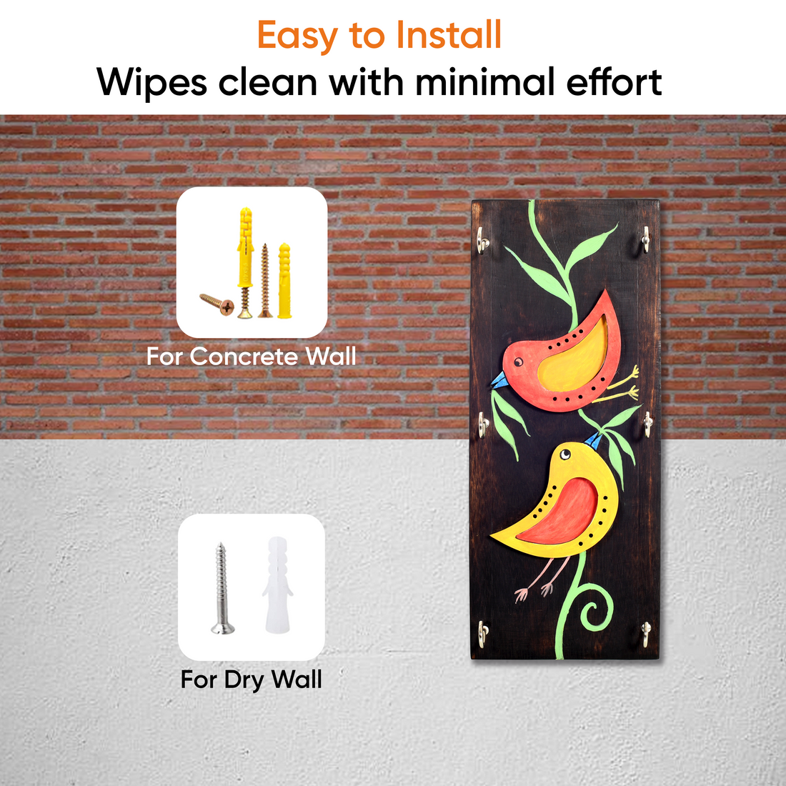 Ini Mini Hand Painted Wooden Key Holder, Vertical Wall Mounted Key Hanger with Twin Bird Design for Homedecor