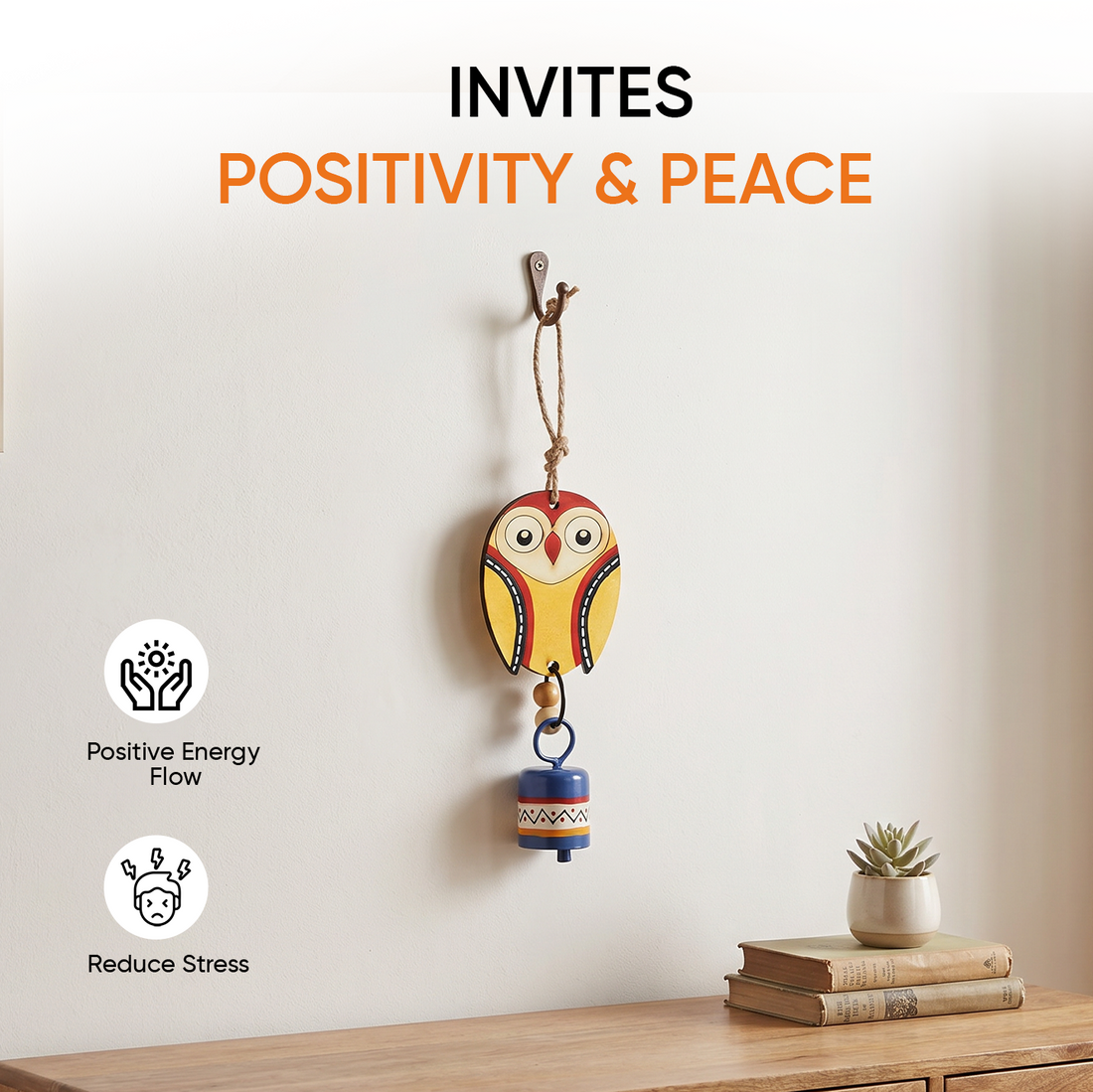 Owl Wind Chime with Metal Bell, Yellow and Blue