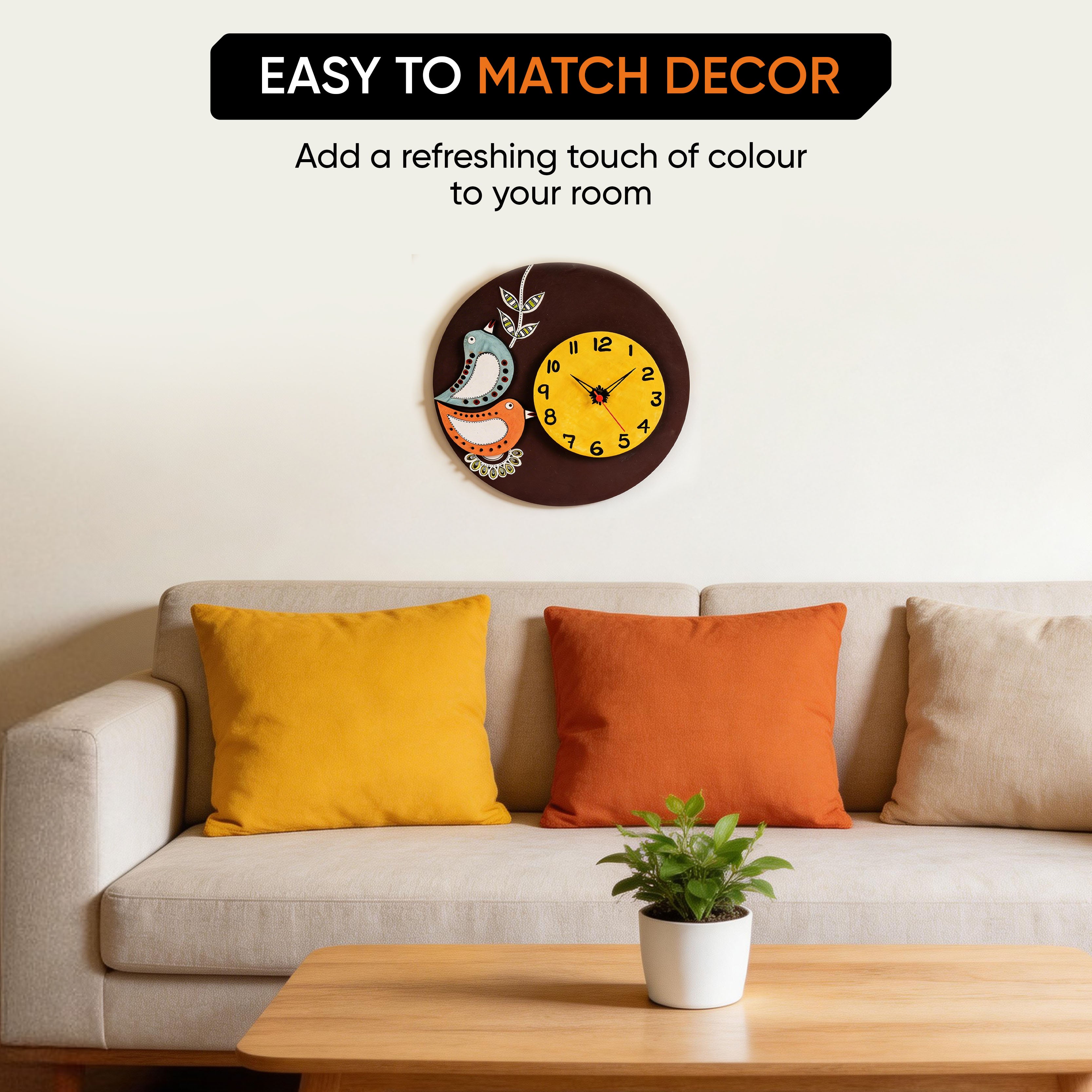 Desiree Wall Clock Handcrafted Wooden Tribal Art with Birds Motif (10x1.5x10)