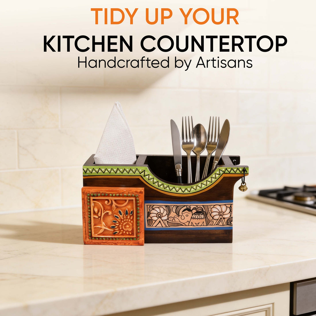 Cutlery Holder Handcrafted in Wood with Madhubani Art (8x3.5x4")