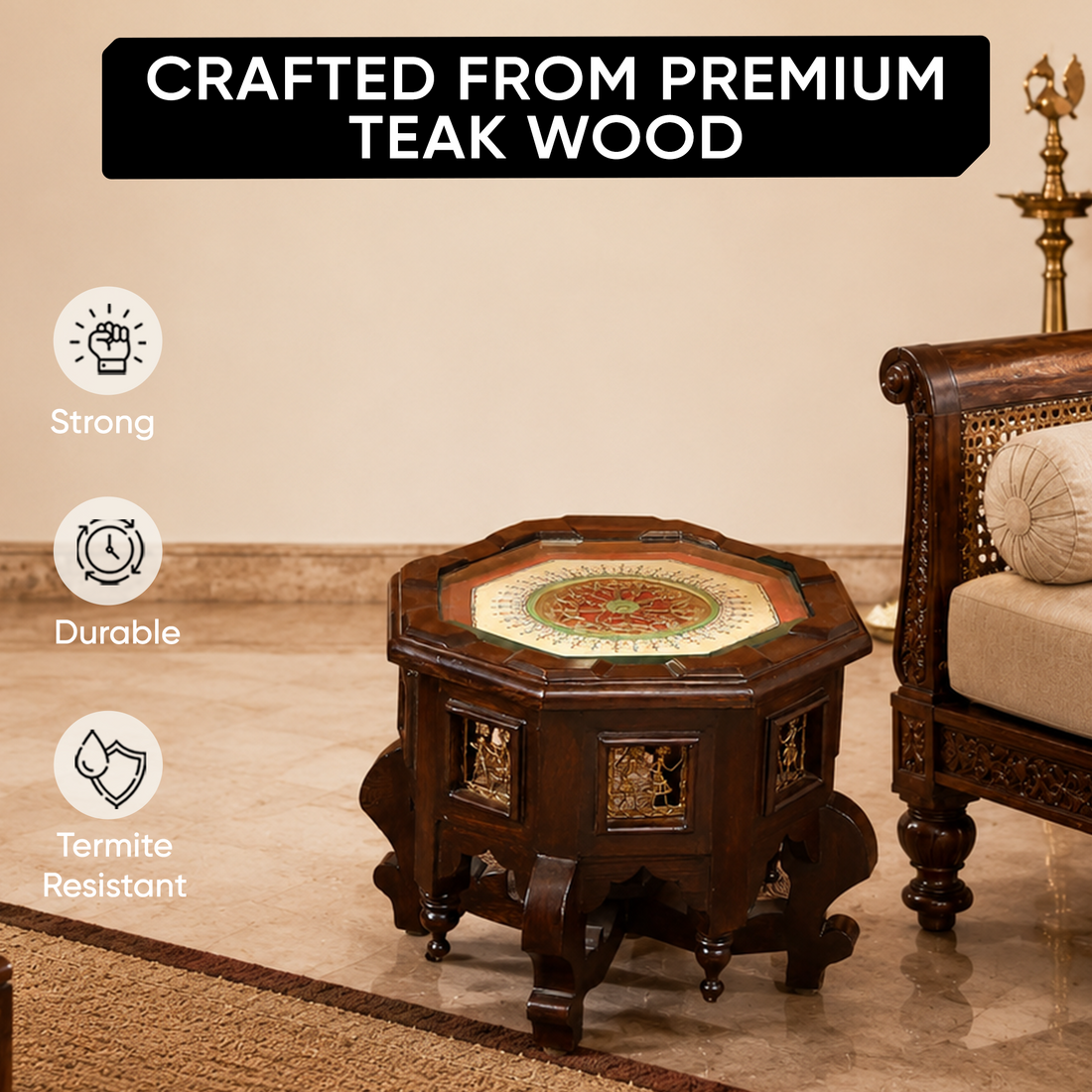 Princess Octagonal Accent Table in Teak Wood with Walnut Finish (15x15x12)