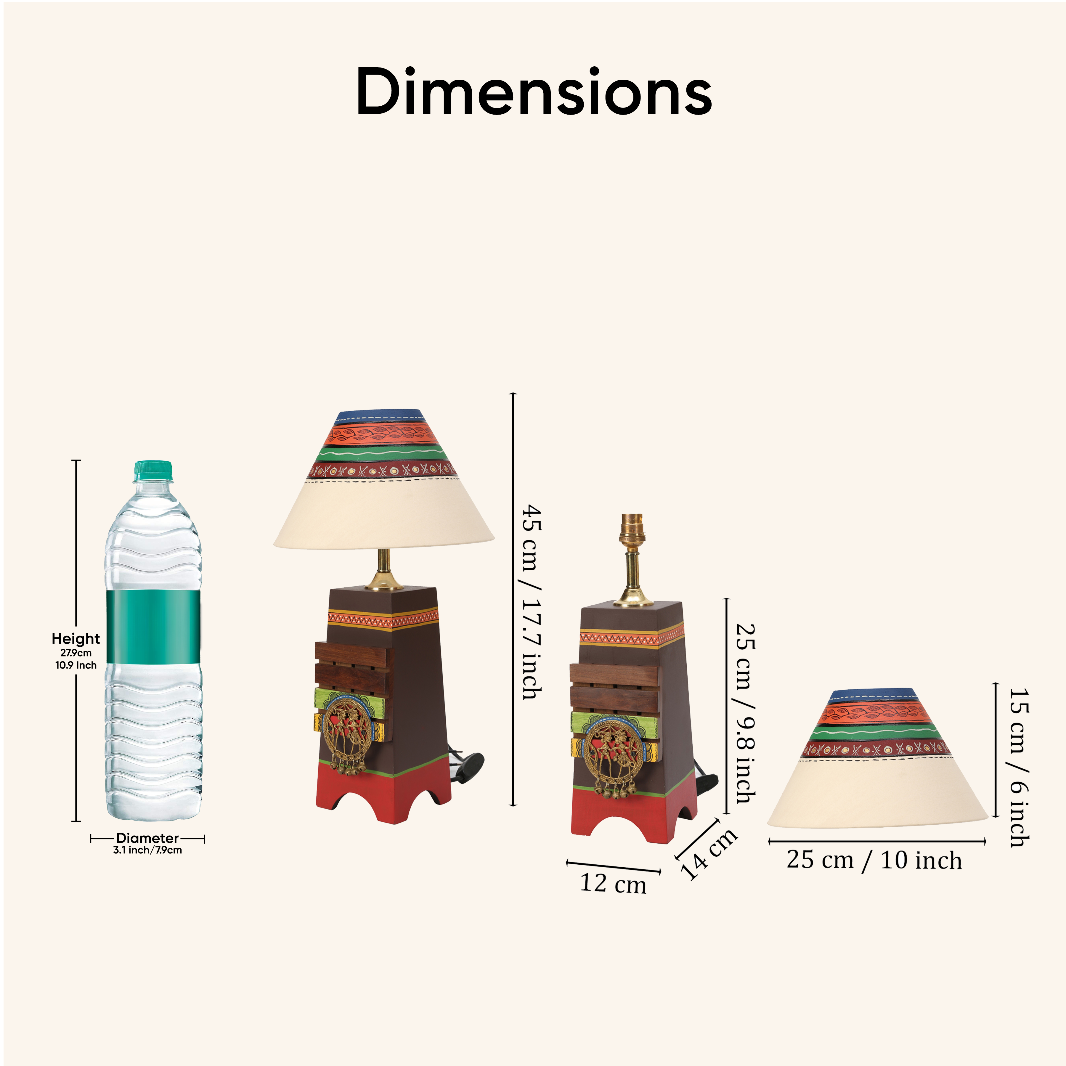 Pyramid wooden Table Lamp in Brown with Brass motifs, decorated with Tribal paintings with white Shade