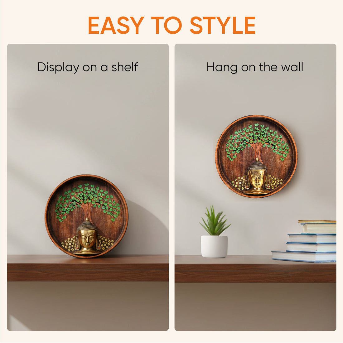 Nirvana Buddha Wall Art, Handcrafted Wooden Decor Featuring Bodhi Tree and Buddha Head for Peace and Enlightenment