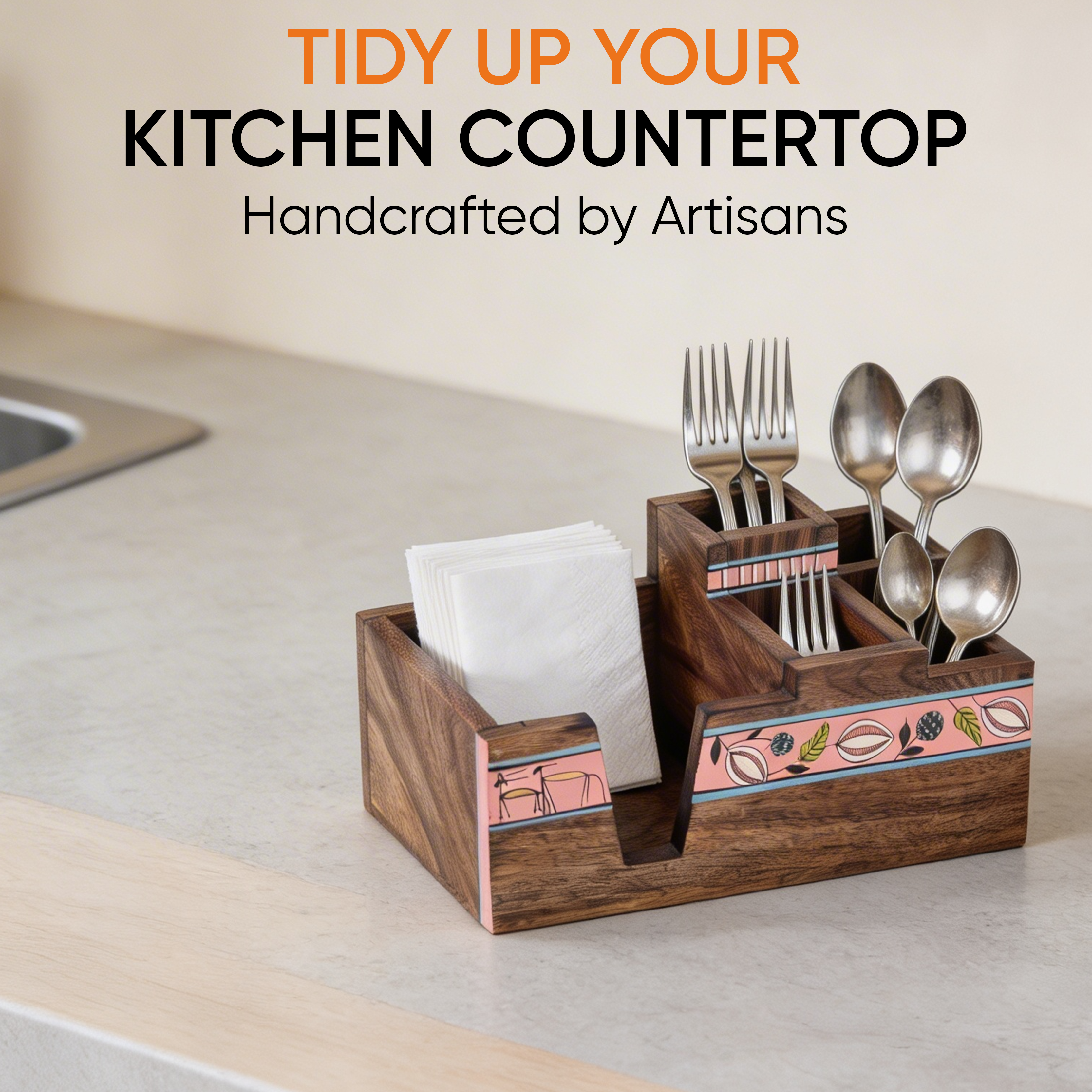 Leafy Charm Wooden Cutlery Holder (10x6x5)