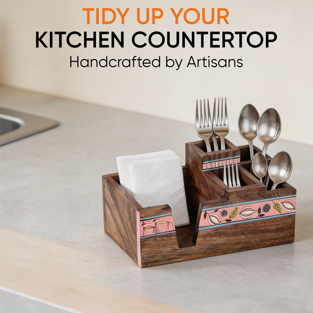Leafy Charm Wooden Cutlery Holder (10x6x5)