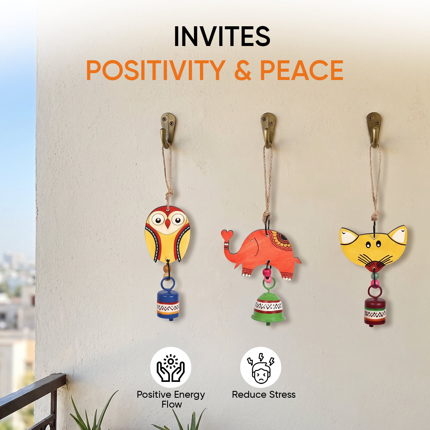 Niyo Trio - Hand-Painted Wooden Animal Hanging Bells (Set of 3)
