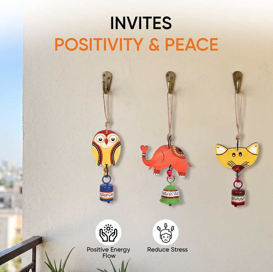 Niyo Trio - Hand-Painted Wooden Animal Hanging Bells (Set of 3)