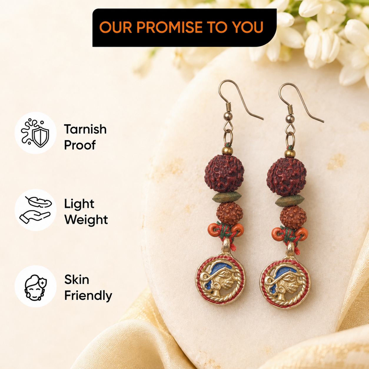 Divine Fusion: Handcrafted Wooden & Rudraksha Earrings