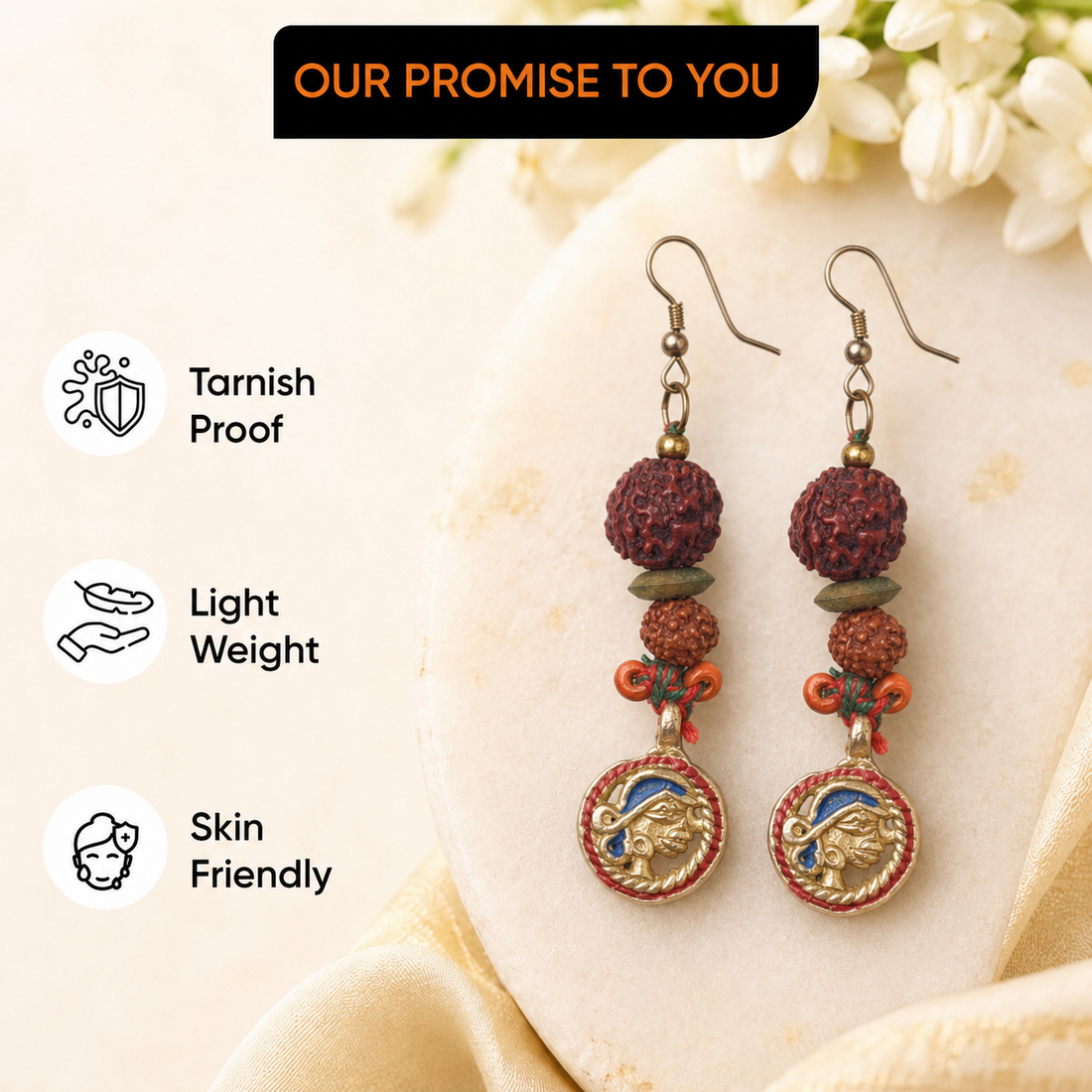 Divine Fusion: Handcrafted Wooden & Rudraksha Earrings