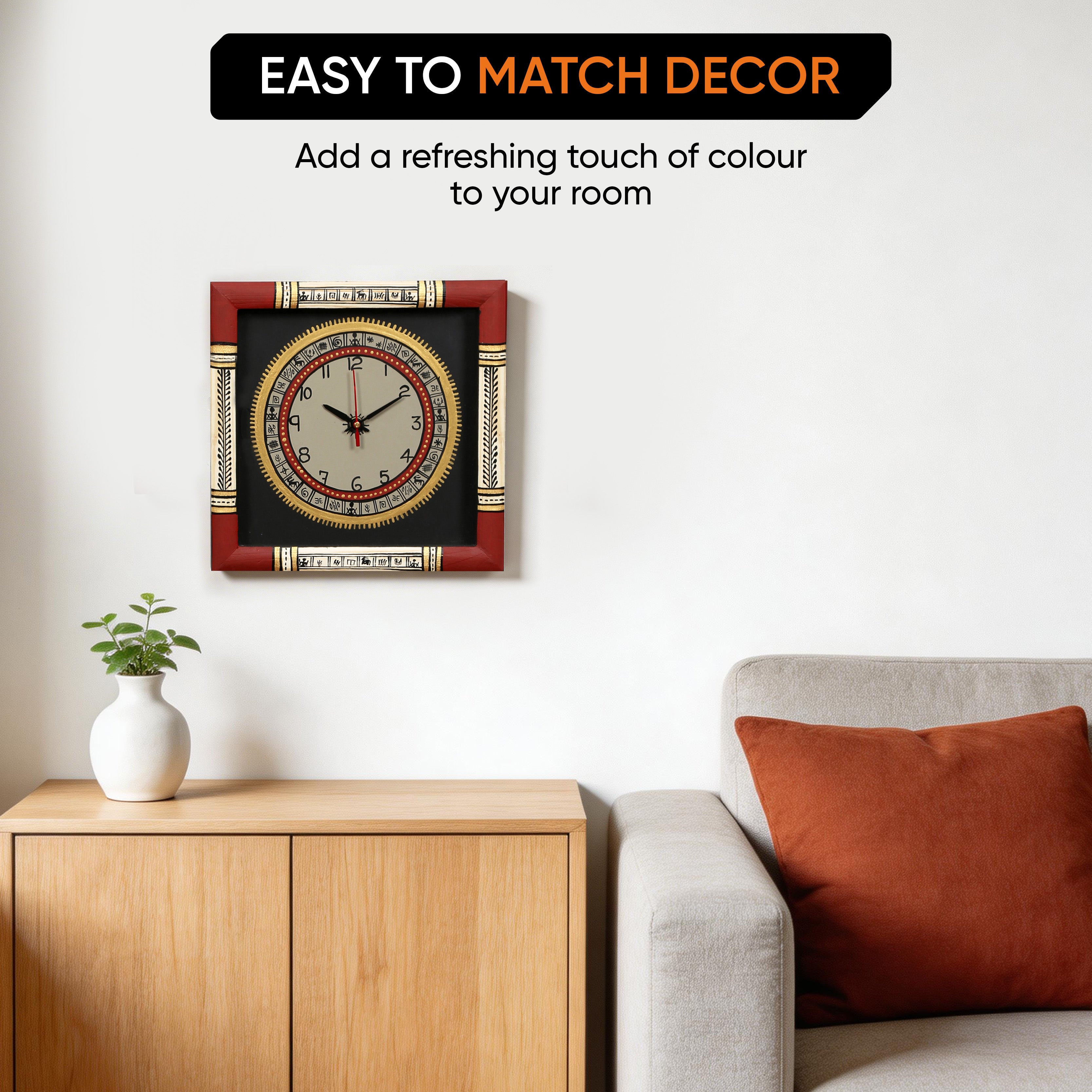 Wall Clock Handcrafted Warli Art White Dial with Glass Frame (10x10)