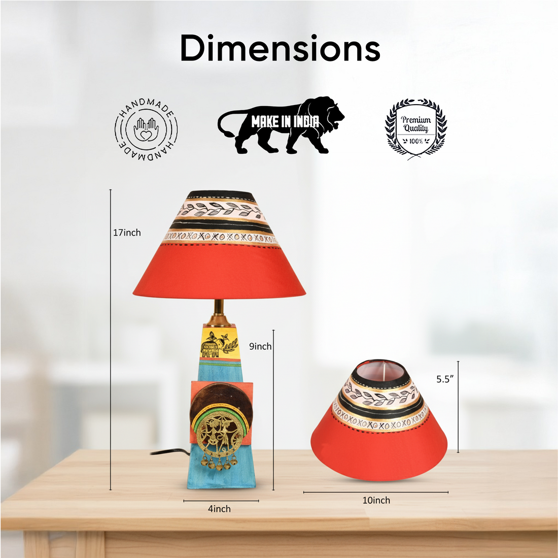 Turquoise Blue Lamp Embellished with Dhokra Brass Tiles & Red Shade