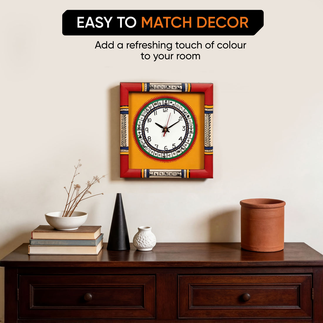 Dosera wall clock Warli Art Yellow Dial with Glass Frame (10x10)