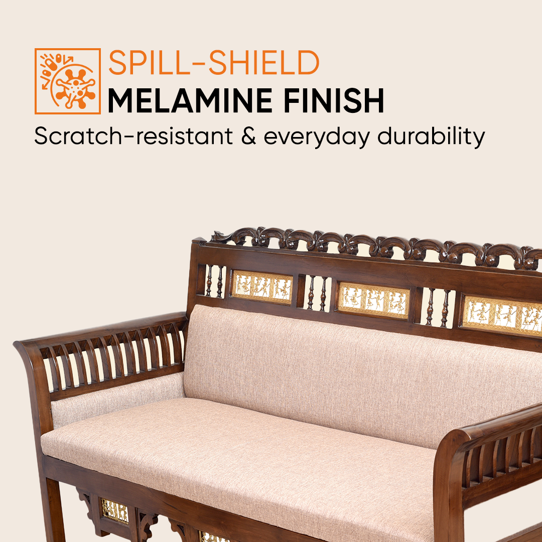 Maharaja Three Seater Sofa in Teakwood with Walnut Finish adorned with Dhokra Brass Frames
