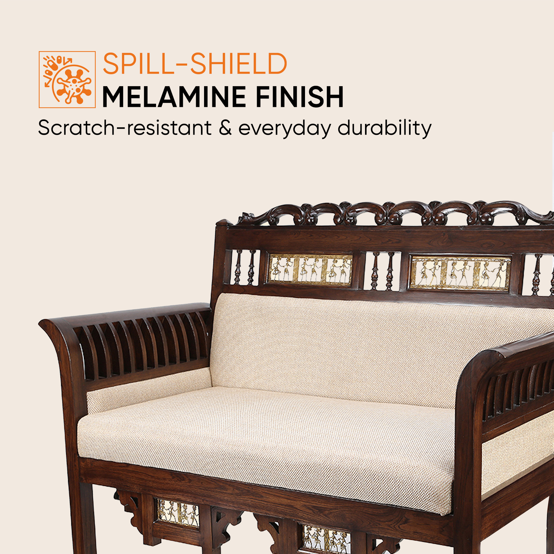 Maharaja Double Seater Sofa in Teakwood with Walnut Finish adorned with Dhokra Brass Frames (51x26x38)