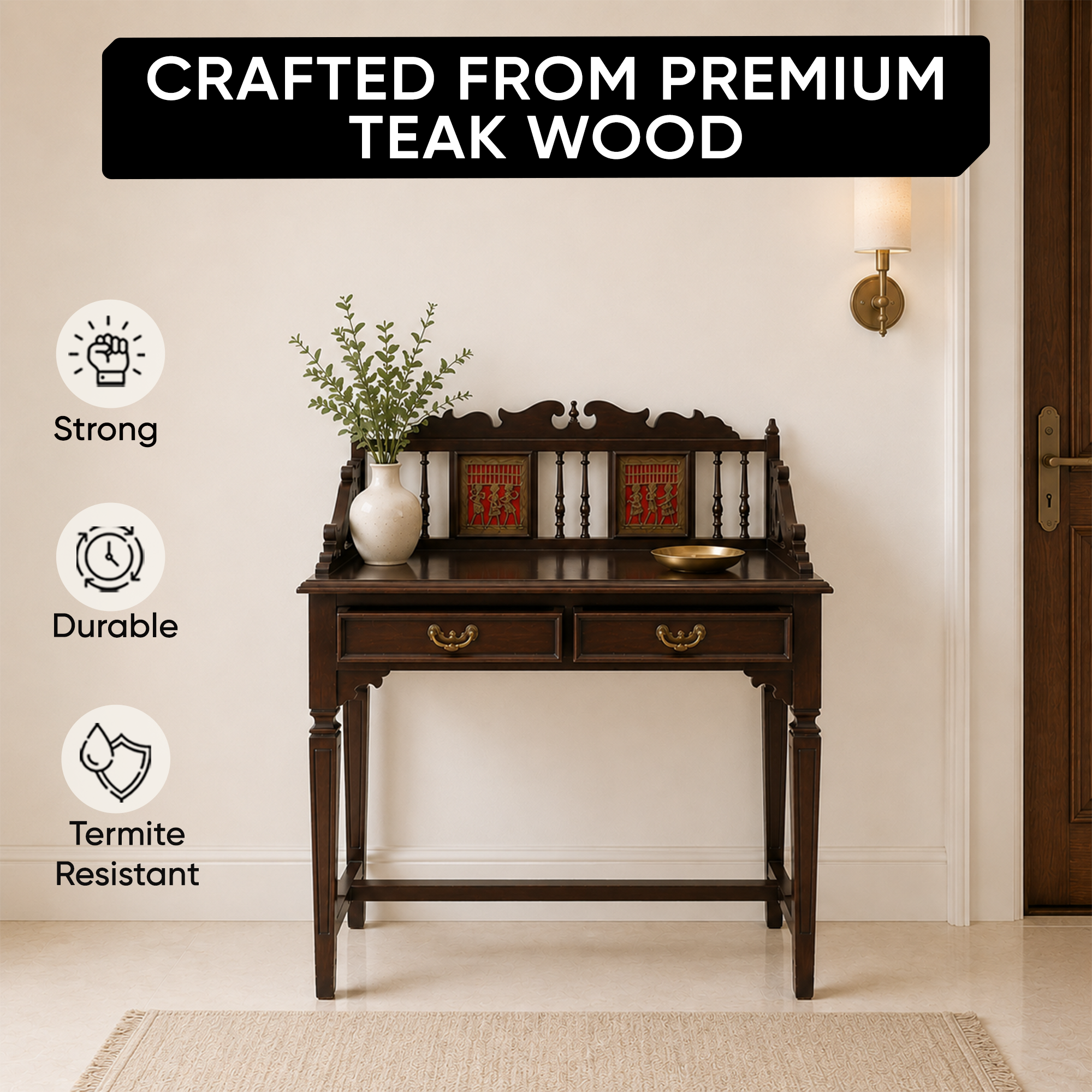 Ojasa Study Table in Teakwood with Walnut Finish (36x18x40)