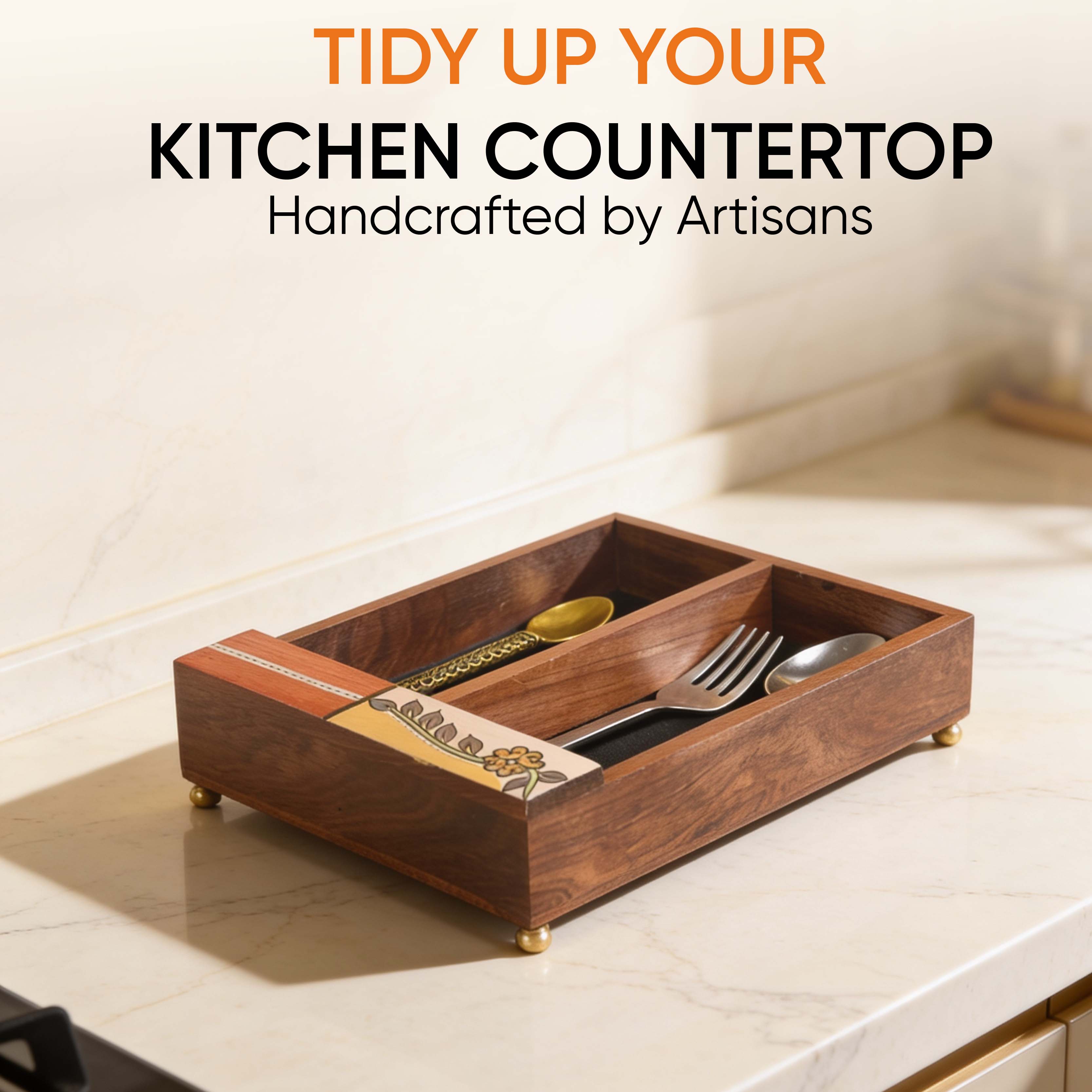 Cutlery Holder Handcrafted in Wood with Flower Motif (9x7x2.2")
