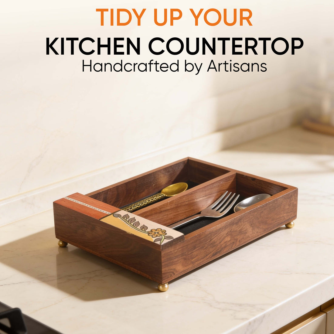 Cutlery Holder Handcrafted in Wood with Flower Motif (9x7x2.2")