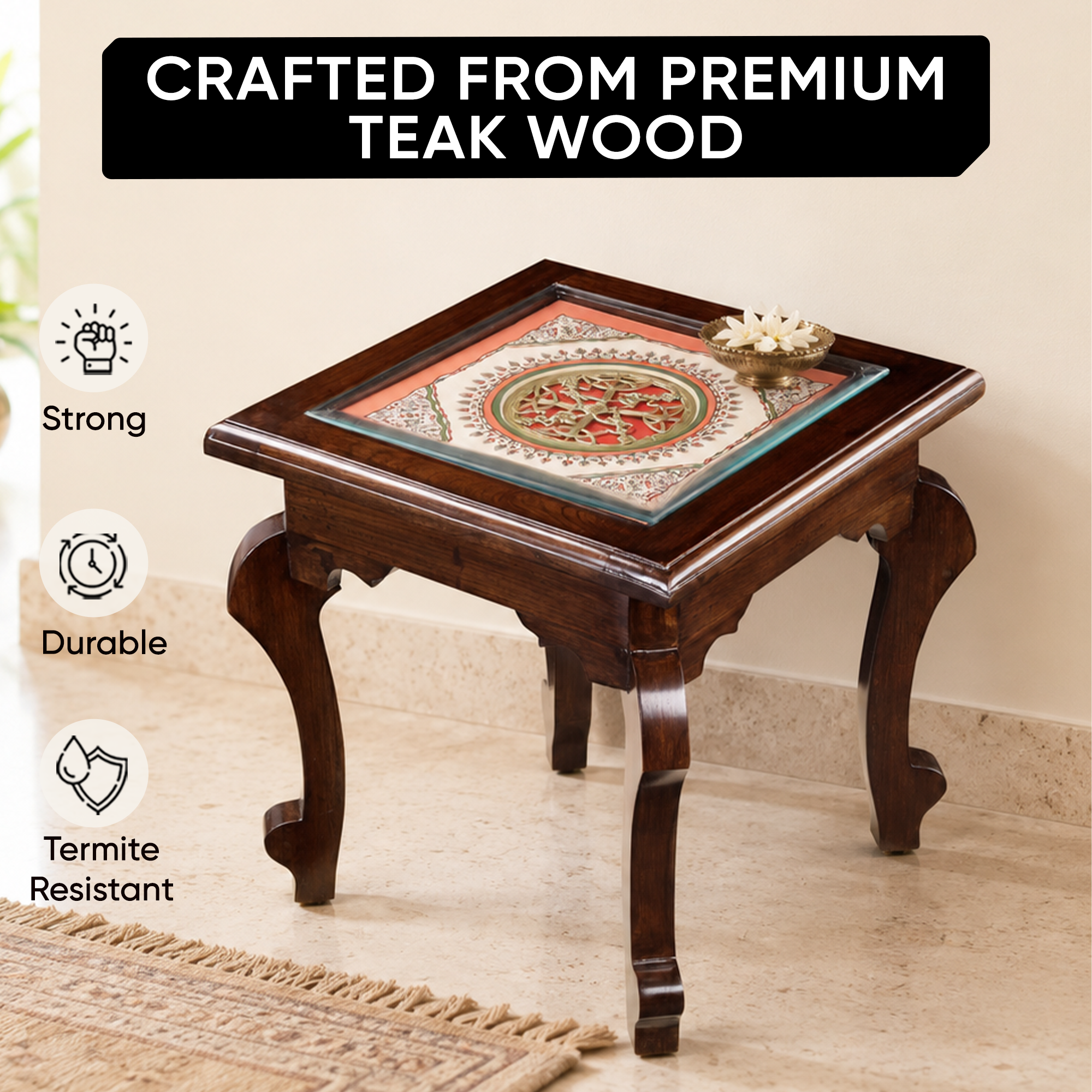 Munich-I Bedside Table with Oriental Legs in Teakwood with Walnut Matte Finish (16x16x16)