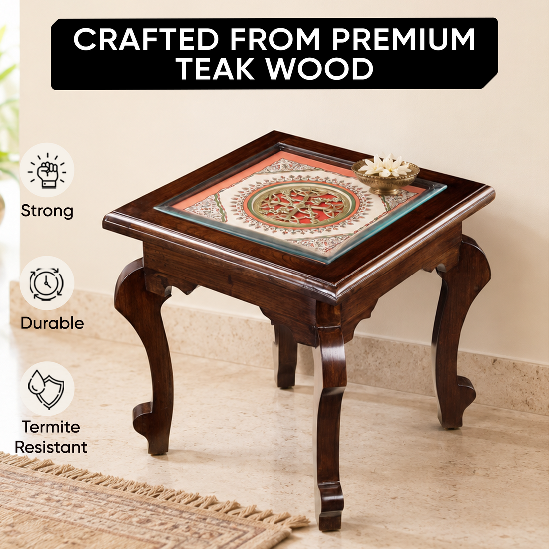 Munich-I Bedside Table with Oriental Legs in Teakwood with Walnut Matte Finish (16x16x16)