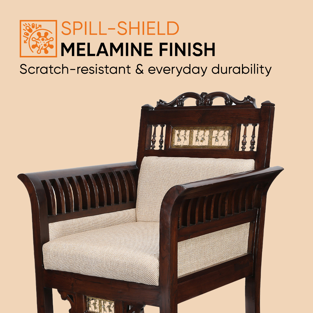 Maharaja Single Seater Sofa in Teakwood with Walnut Finish adorned with Dhokra Brass Frames (30x26x38)