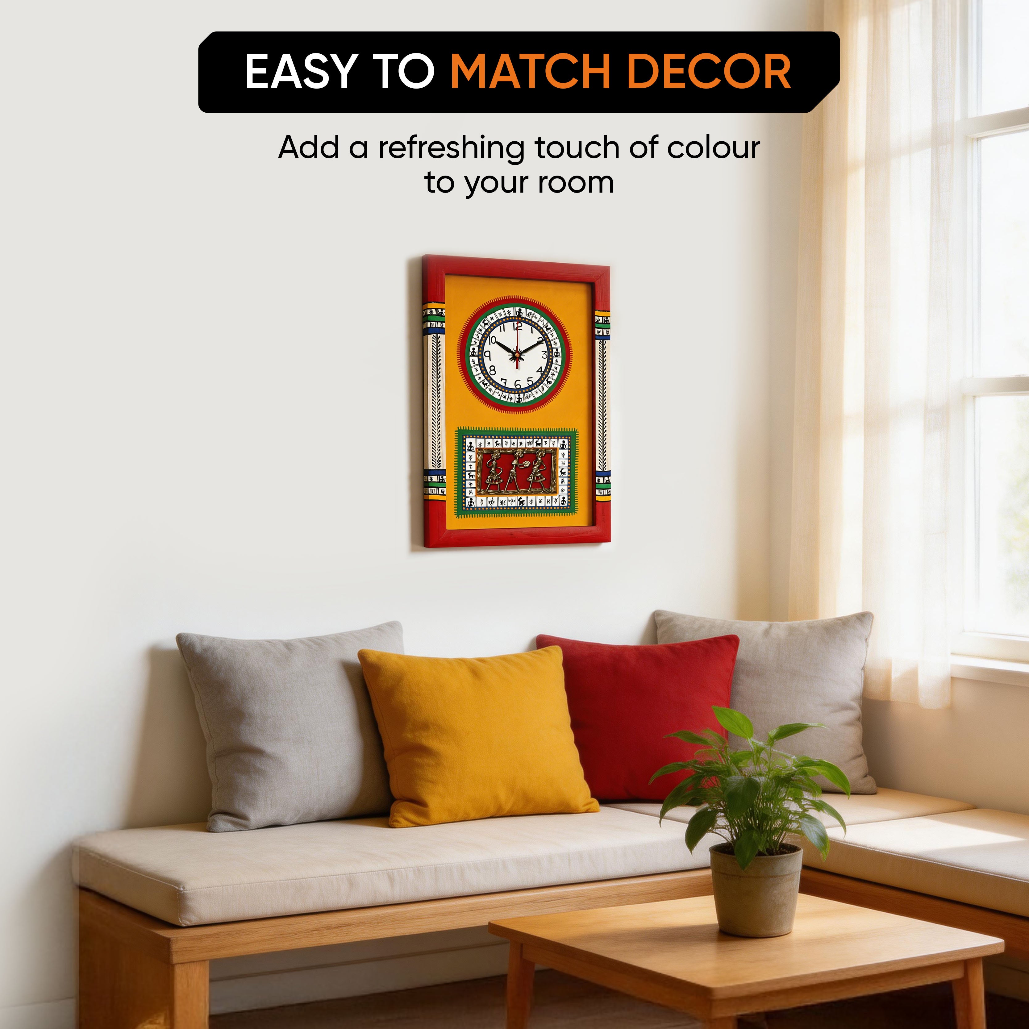 Wall Clock Handcrafted Warli/Dhokra Art Yellow Dial with Glass Frame (10x15)
