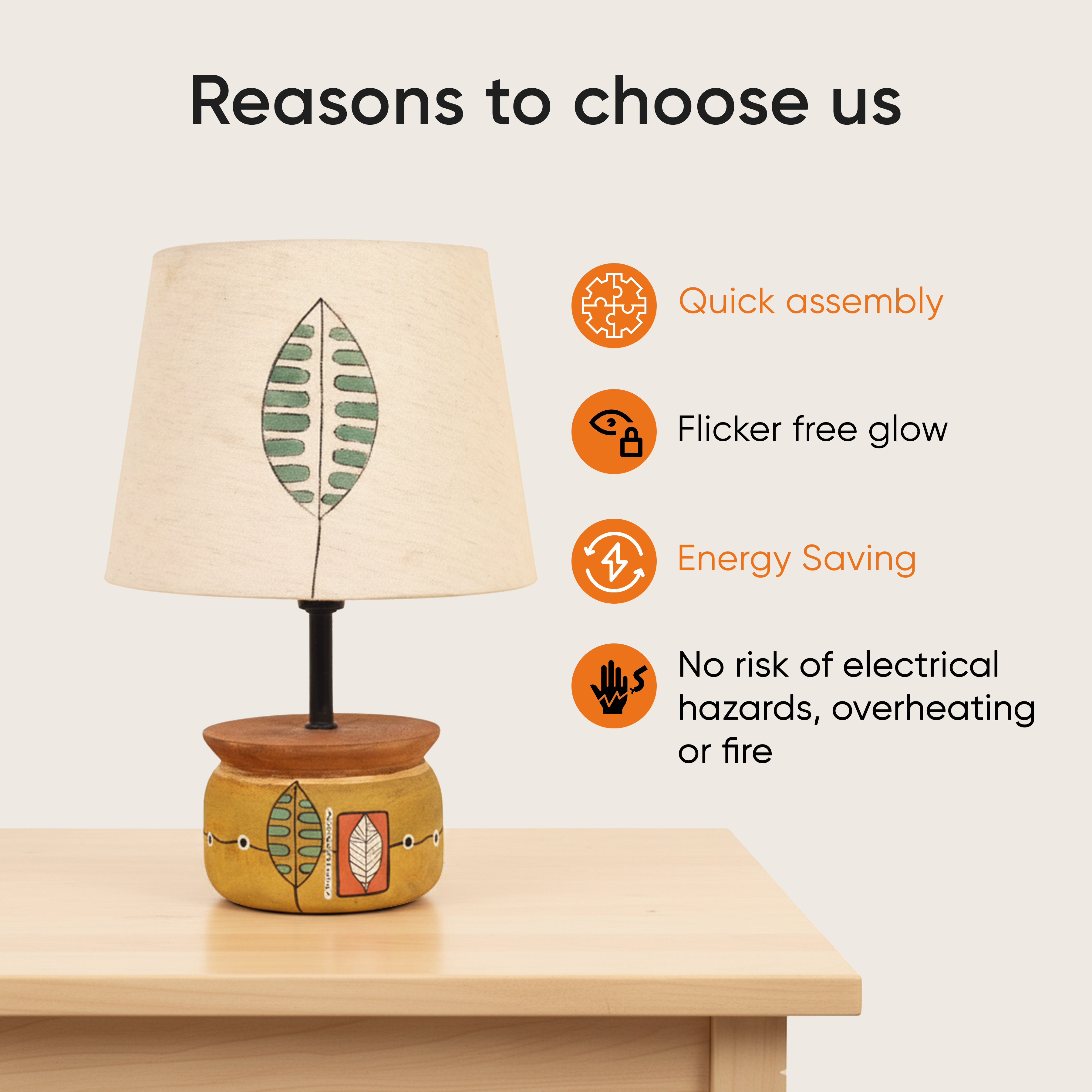 Handcrafted Wooden Table Lamp with Round Base and Fabric Shade, Decorative Bedside and Living Room Lighting