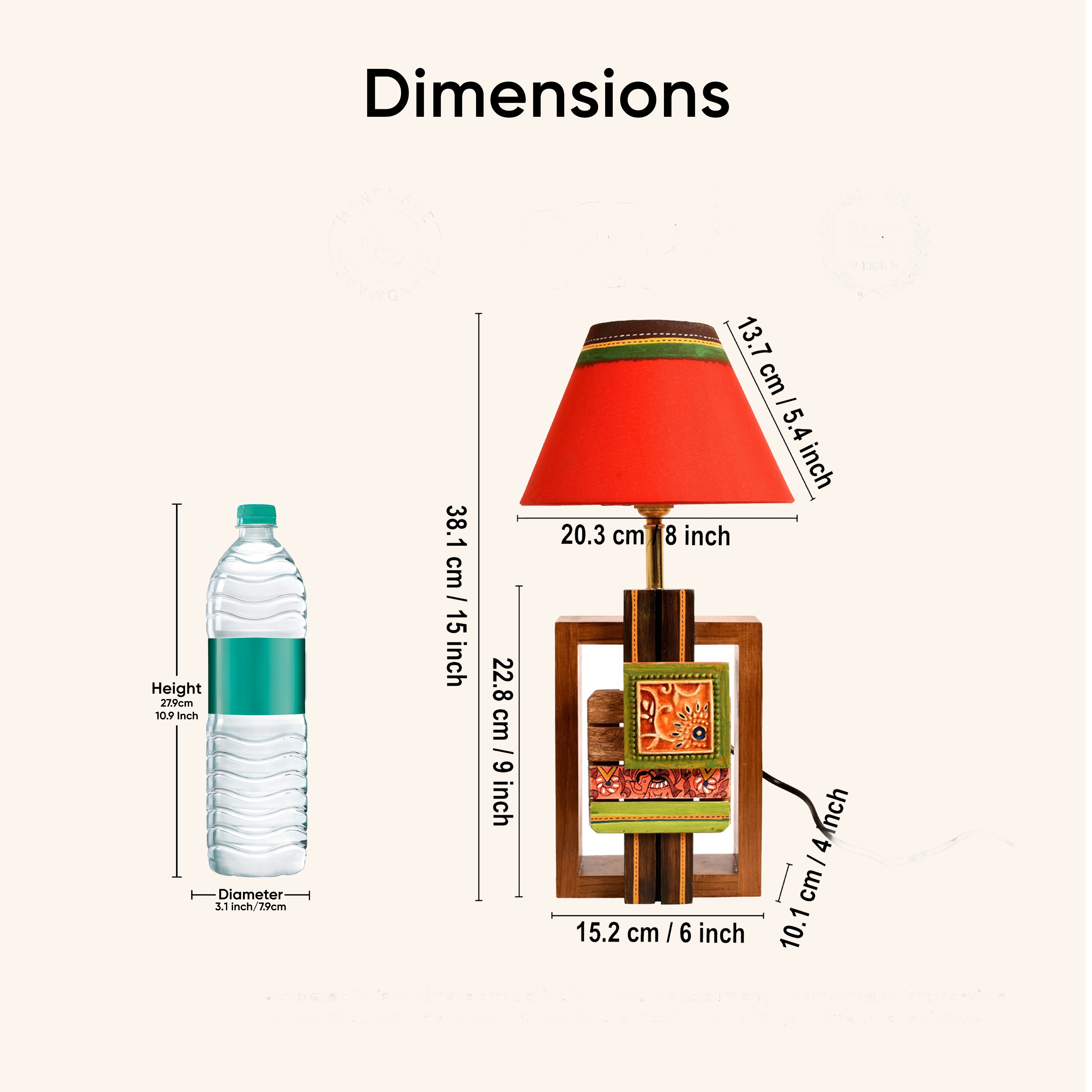 Table Lamp Handcrafted in Wood with Tribal Motifs & Red Shade (6x4x12.5")