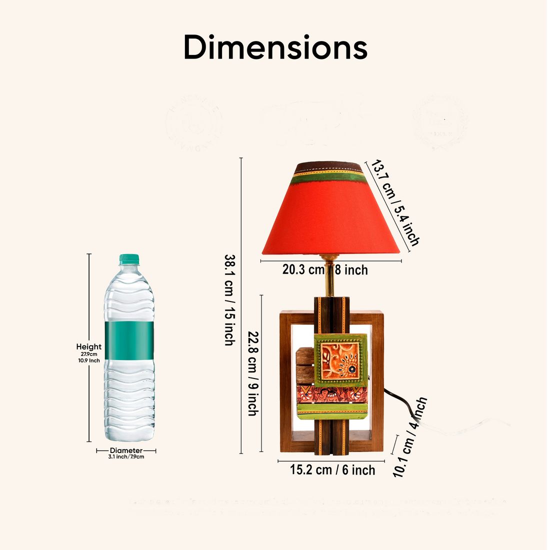 Table Lamp Handcrafted in Wood with Tribal Motifs & Red Shade (6x4x12.5")